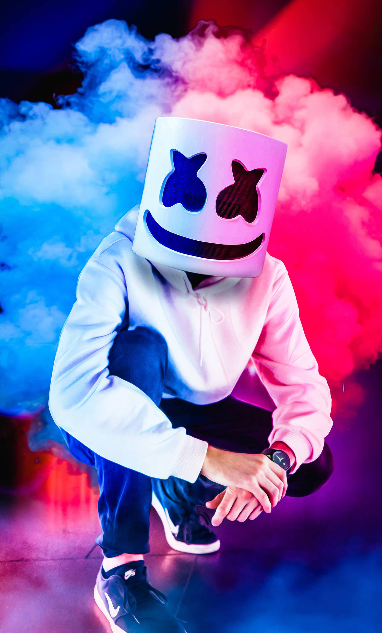 Marshmello, white marshmallow mask, blue and pink smoke, Full HD Phone Wallpaper