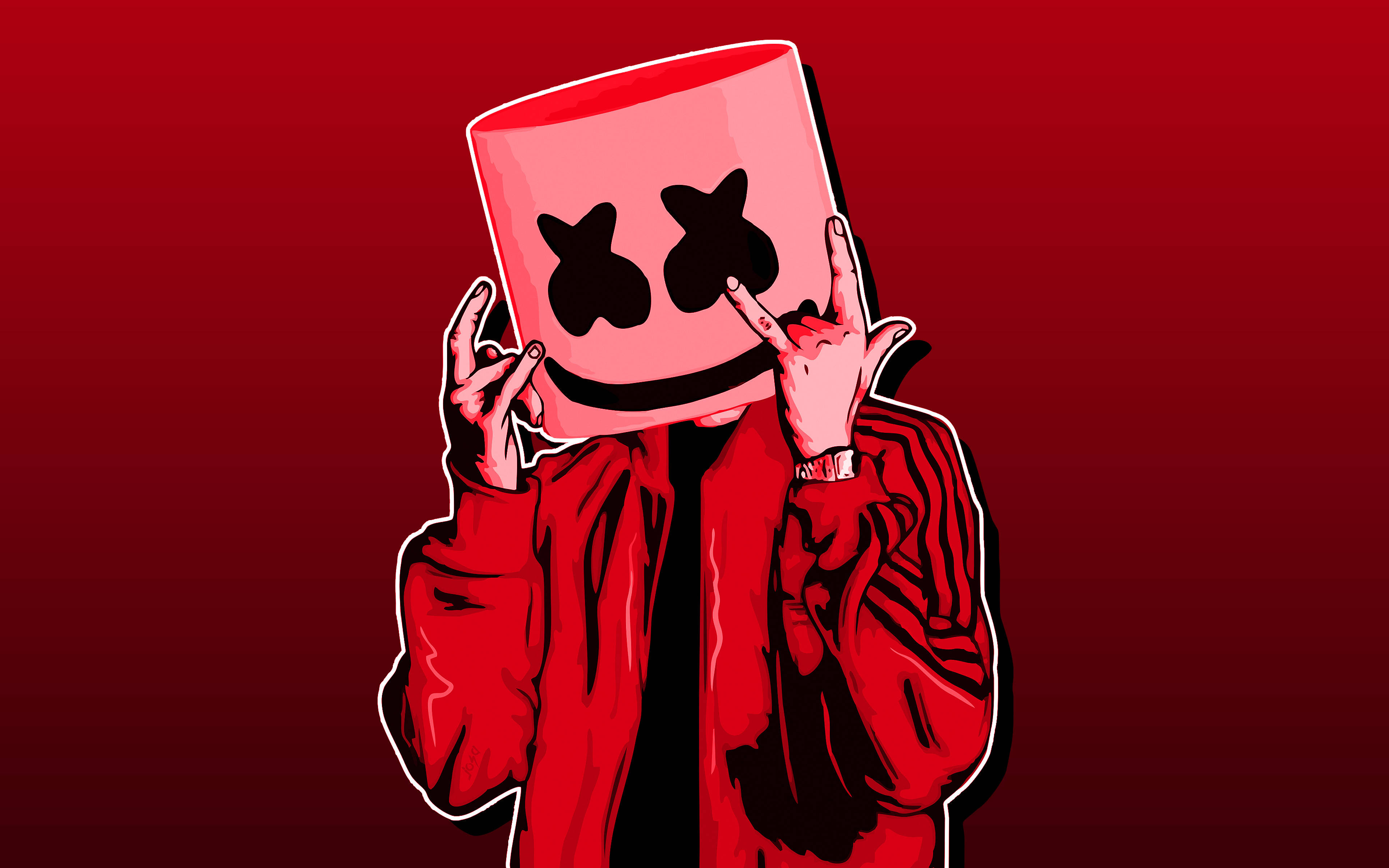 Red And Black Marshmello, red jacket, pink marshmallow mask, 4K Desktop Wallpaper