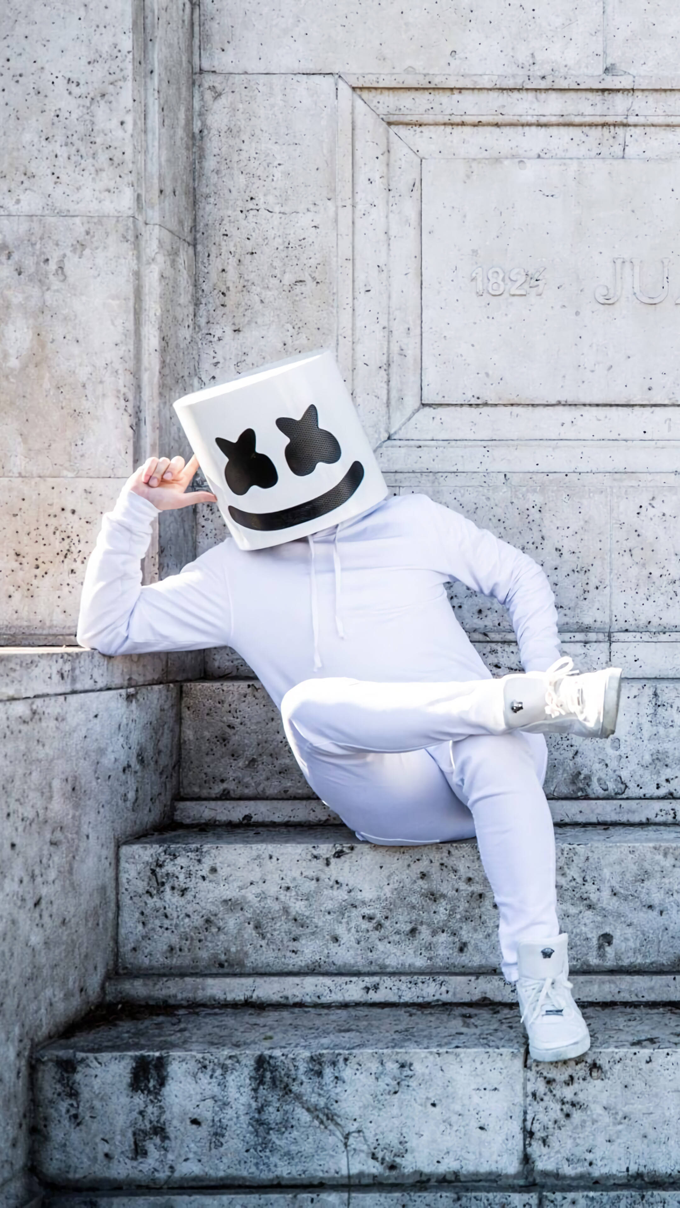 Black Marshmello, white marshmallow mask, all-white outfit, 4K Phone Wallpaper