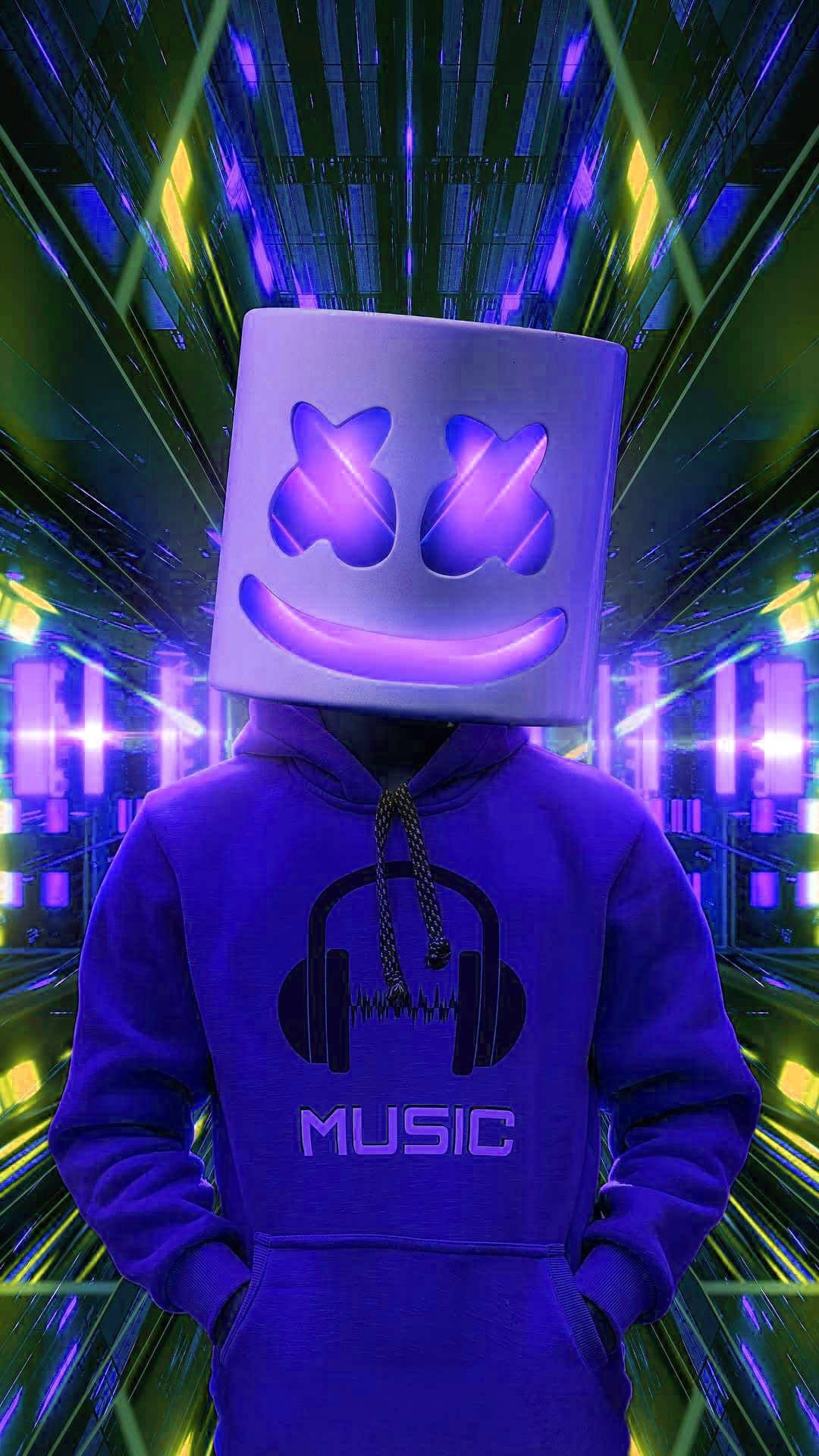 yellow and blue background, glowing purple marshmallow helmet, hoodie, Full HD Phone Wallpaper