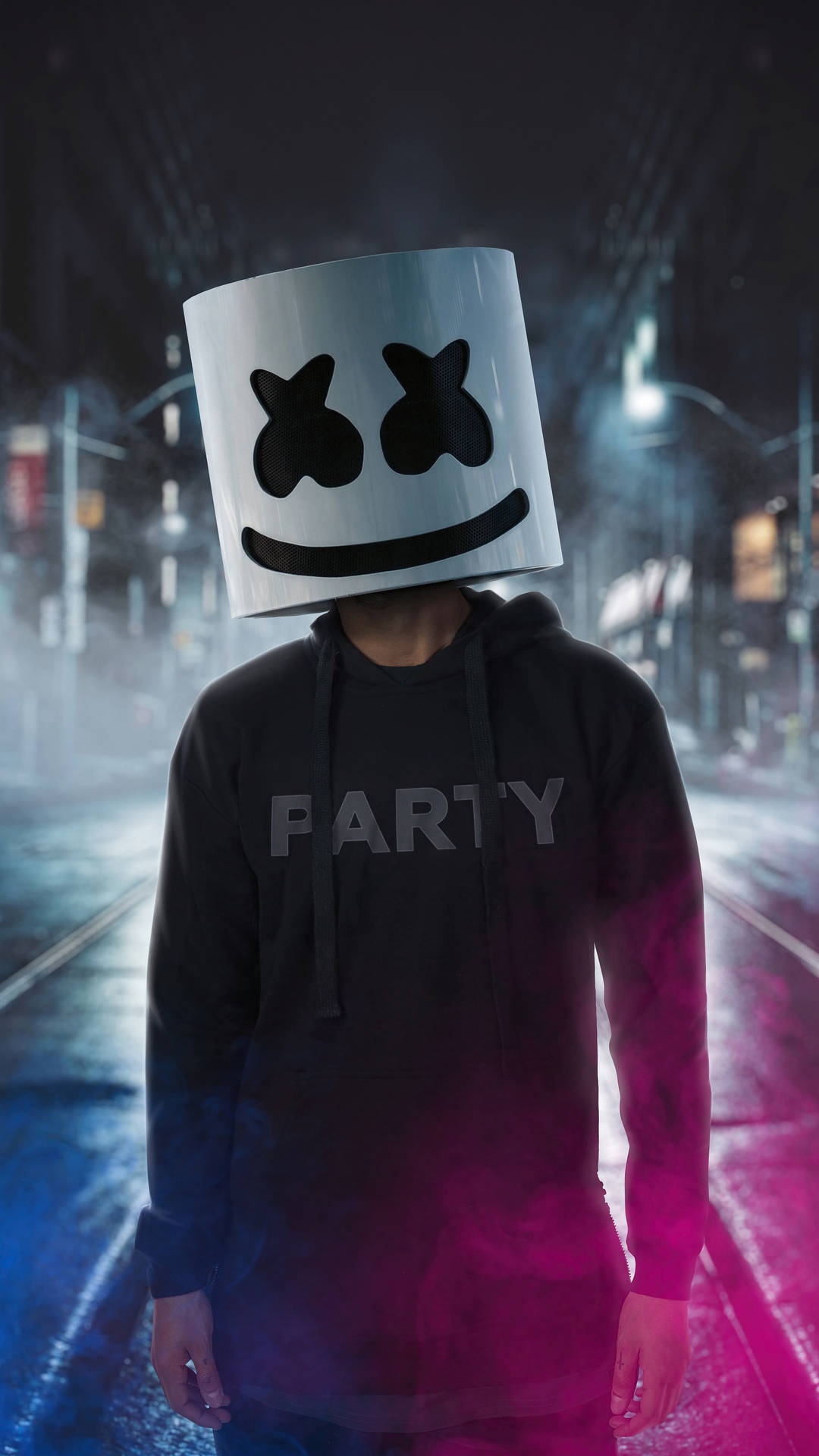 Marshmello, white marshmallow helmet, neon-drenched rainy urban street, Full HD Phone Wallpaper