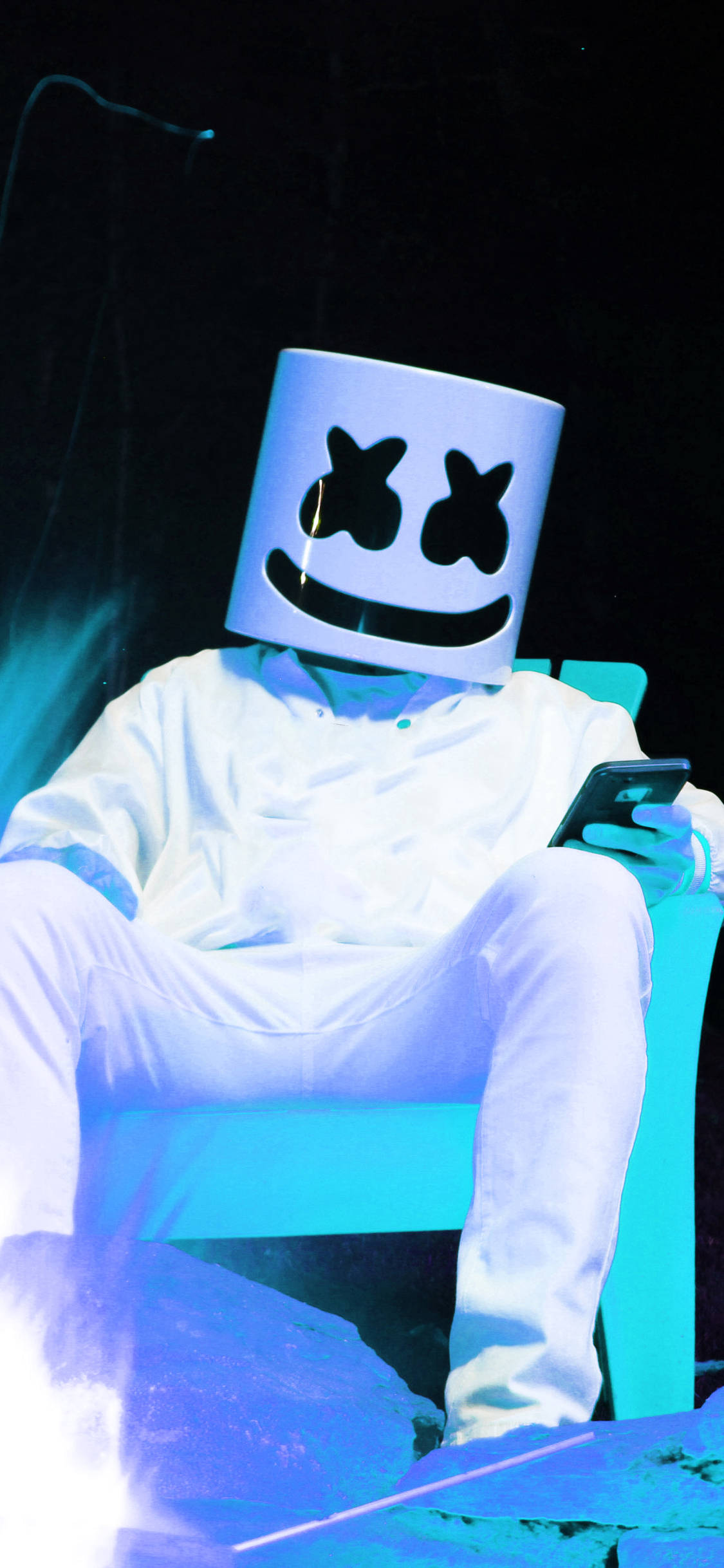 Marshmello, white marshmallow helmet, glowing blue chair, Full HD Phone Wallpaper