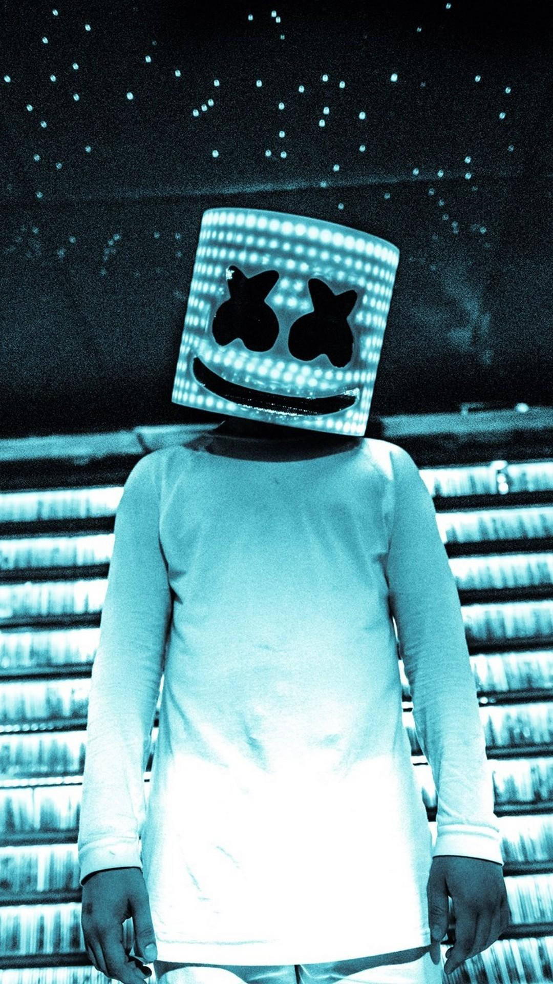 Teal Light Marshmello, glowing blue LED smiley face mask, starry ceiling, Full HD Phone Wallpaper