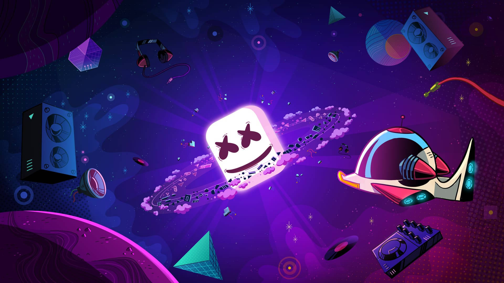 Marshmello, cosmic purple galaxy, floating music gear, Full HD Desktop Wallpaper