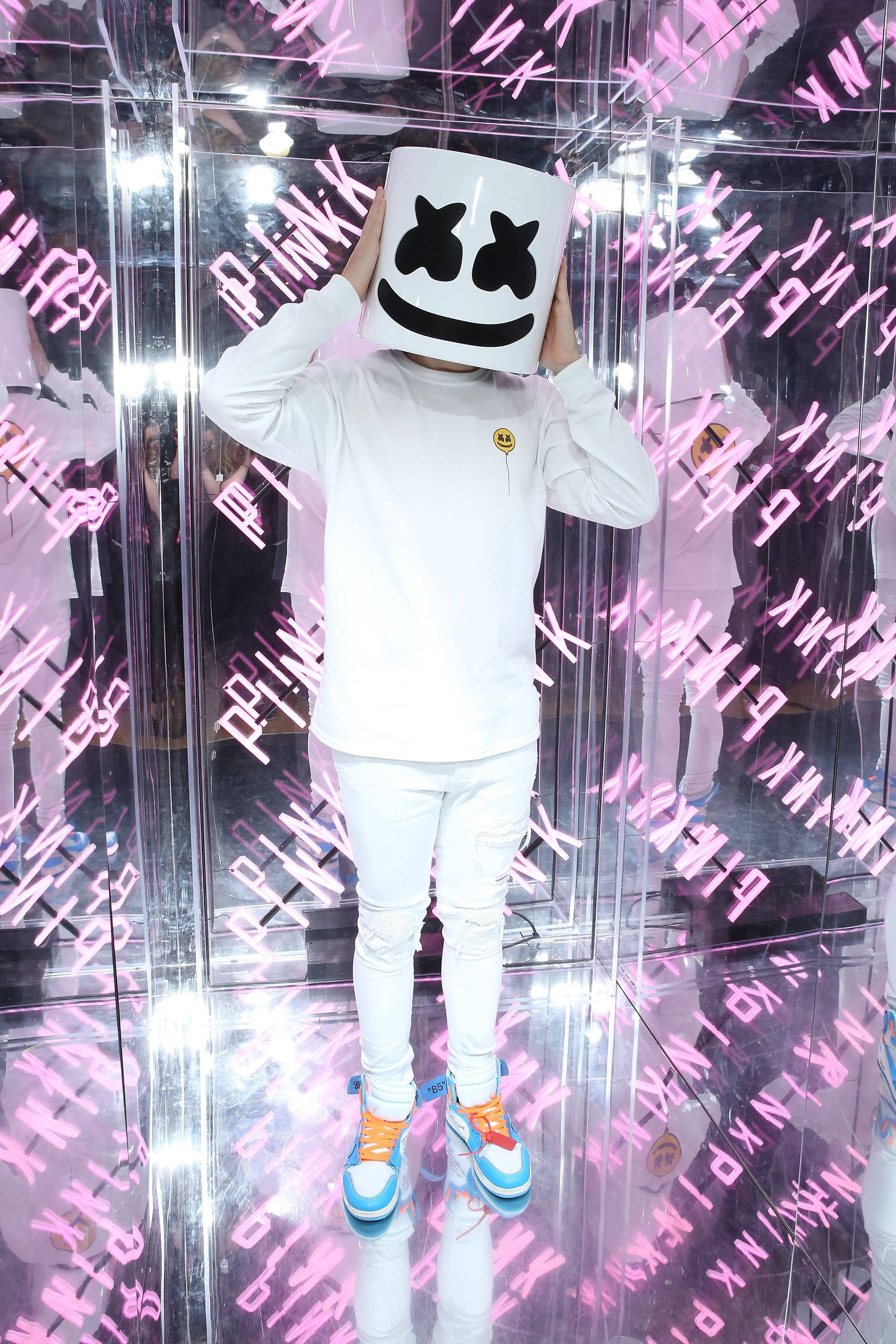 Pink Glass Wall, Marshmello, white Marshmello mask, 2K Phone Wallpaper