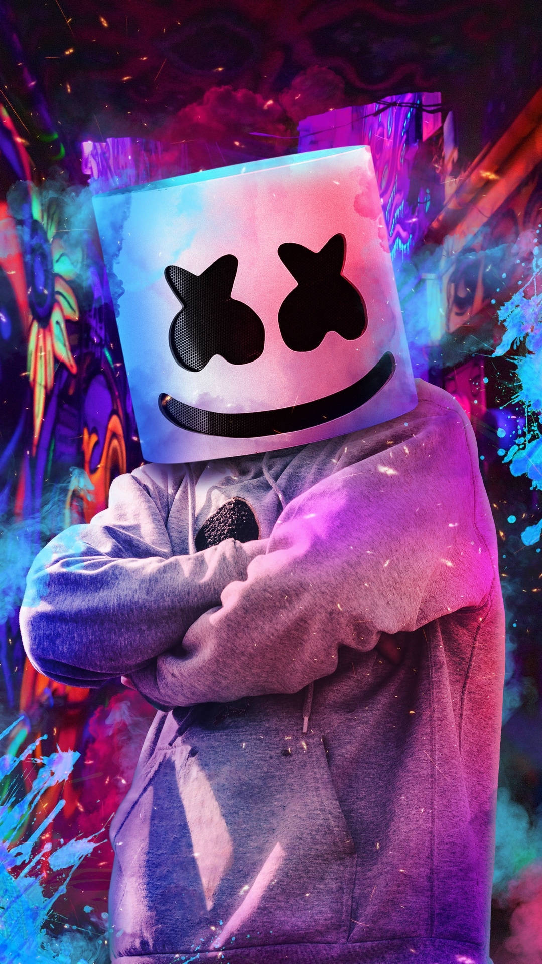 Marshmello, glowing marshmallow helmet, vibrant neon graffiti backdrop, Full HD Phone Wallpaper
