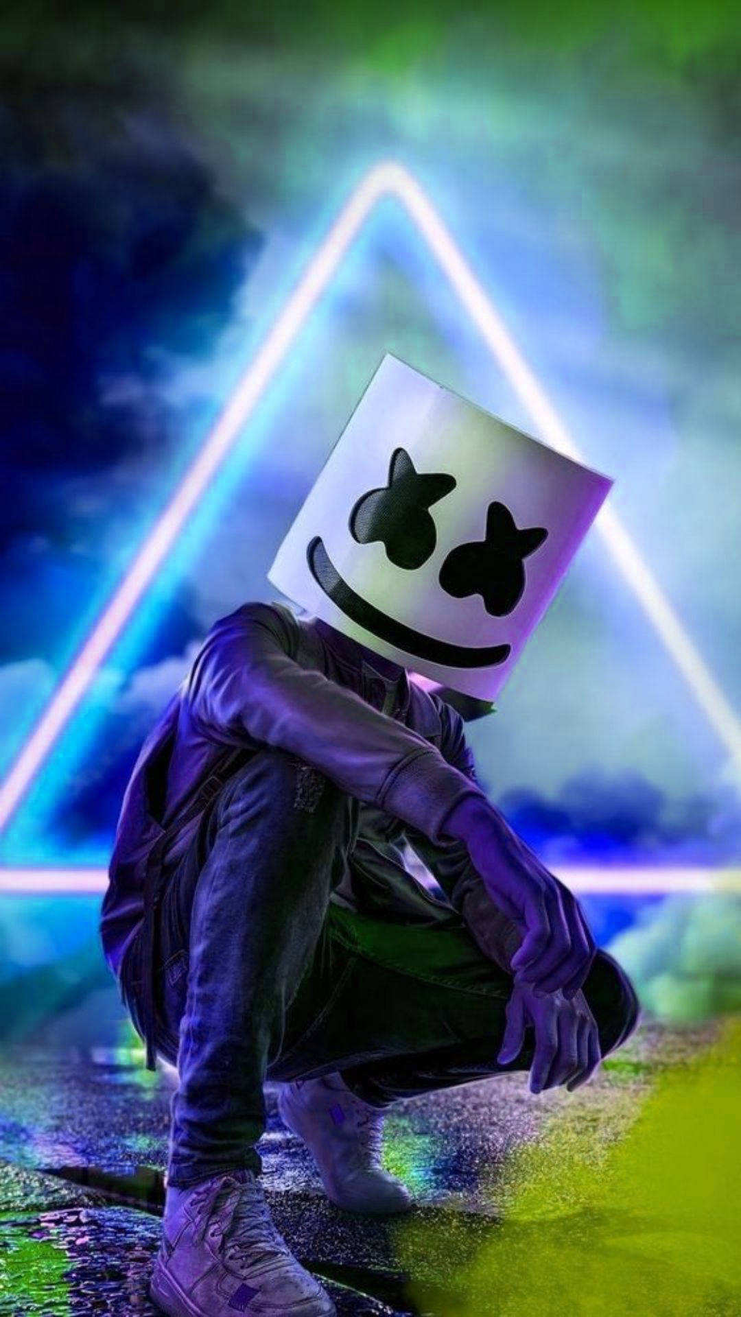 triangle shaped neon light, glowing white marshmallow helmet, neon blue triangle, Full HD Phone Wallpaper