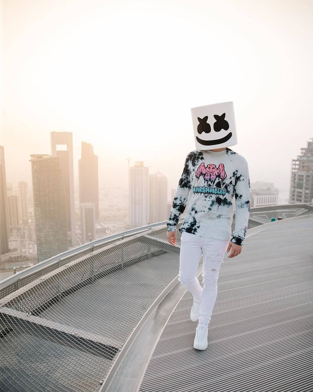 Rooftop, white marshmallow mask, hazy city skyline, HD Phone Wallpaper
