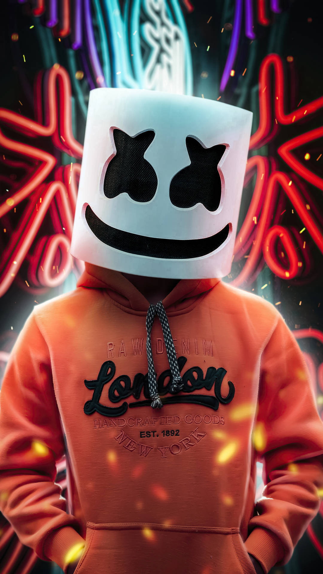 Marshmello, white marshmallow mask, orange hoodie, Full HD Phone Wallpaper