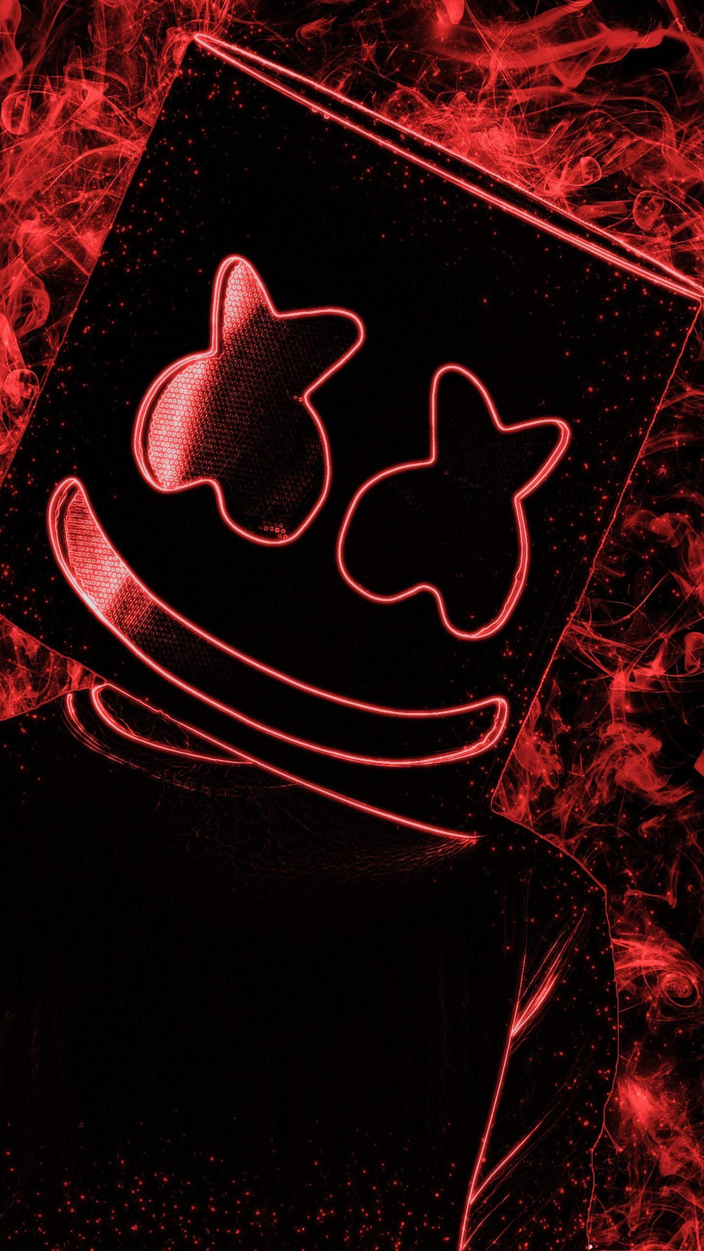 Red And Black Marshmello, smoky dark background, glowing red outline, 2K Phone Wallpaper