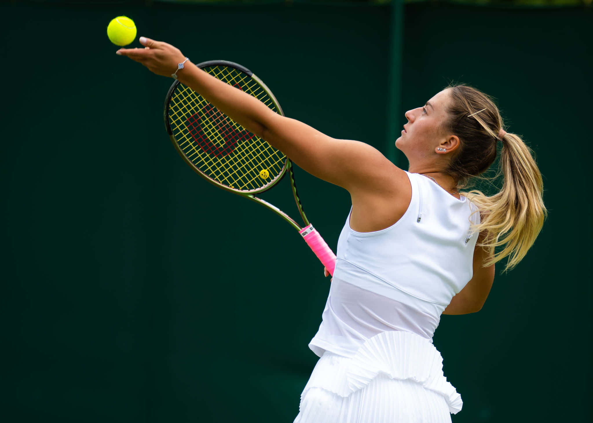 Marta Kostyuk, white attire, overhead smash, Full HD Desktop Wallpaper