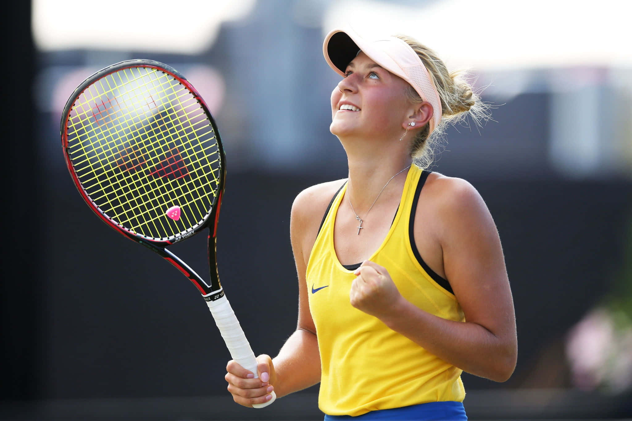Marta Kostyuk, yellow top, sunlit court, Full HD Desktop Wallpaper
