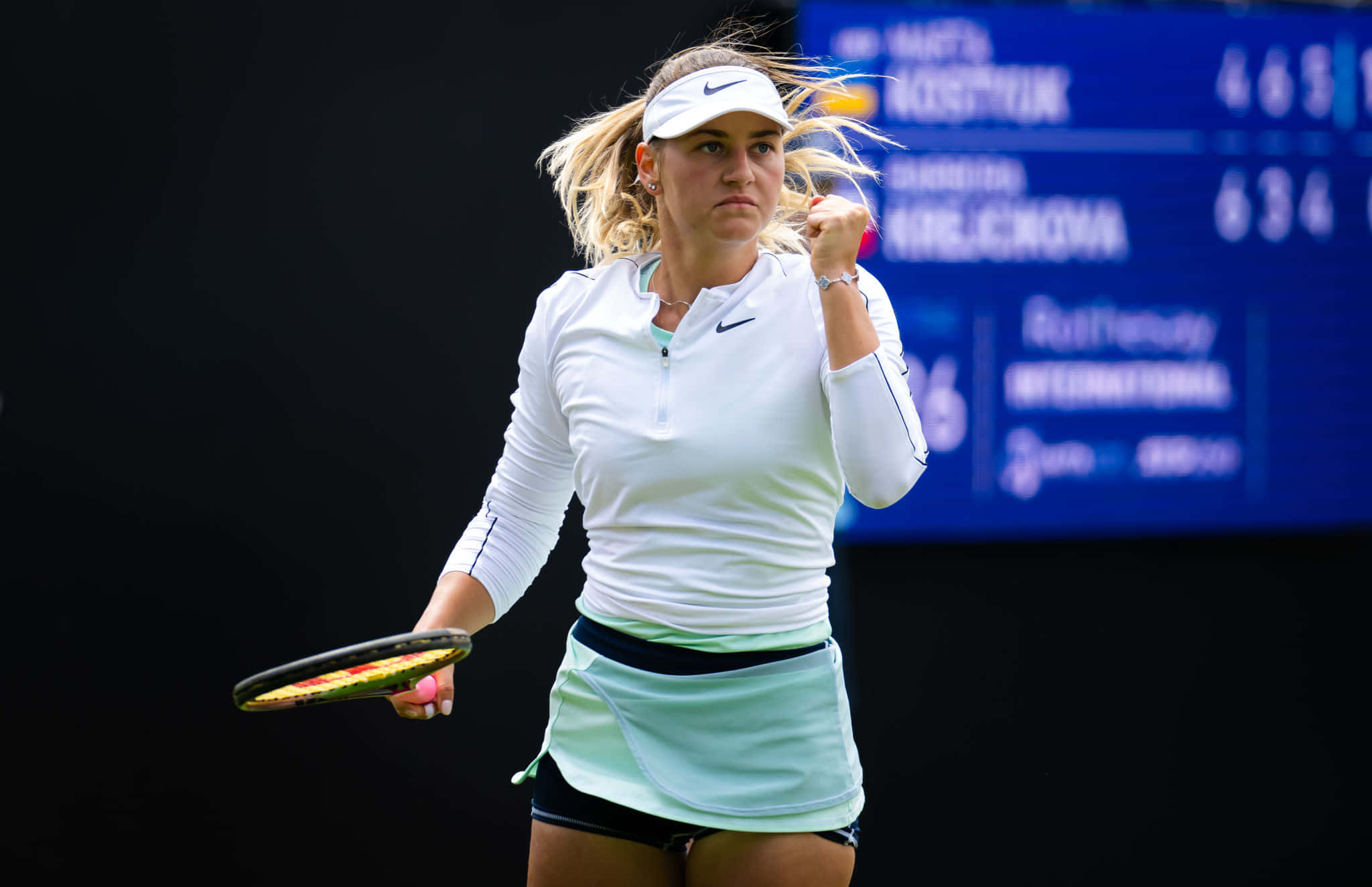 Marta Kostyuk, white gear, dark court, Full HD Desktop Wallpaper