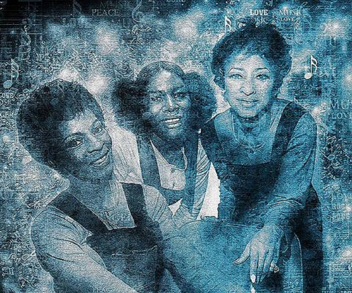 Martha and The Vandellas, blue-toned collage art, musical notes, SD Desktop Wallpaper