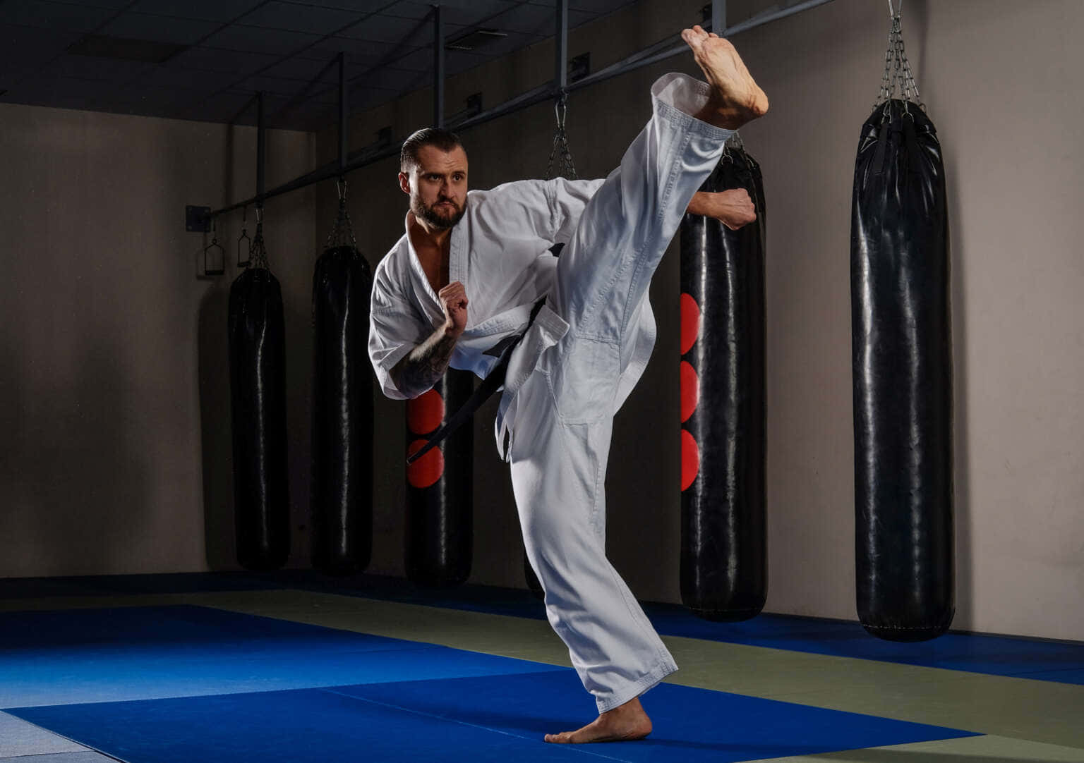 white karate gi, black punching bags, blue mats, HD Desktop Wallpaper