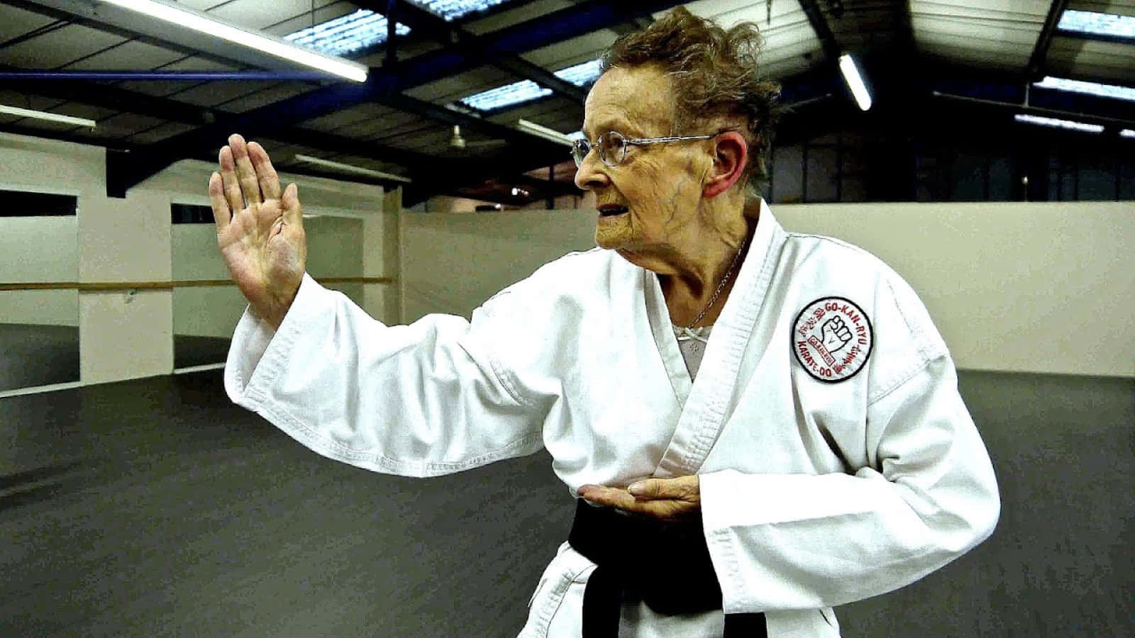 white karate gi, black belt, elderly woman, HD Desktop Wallpaper