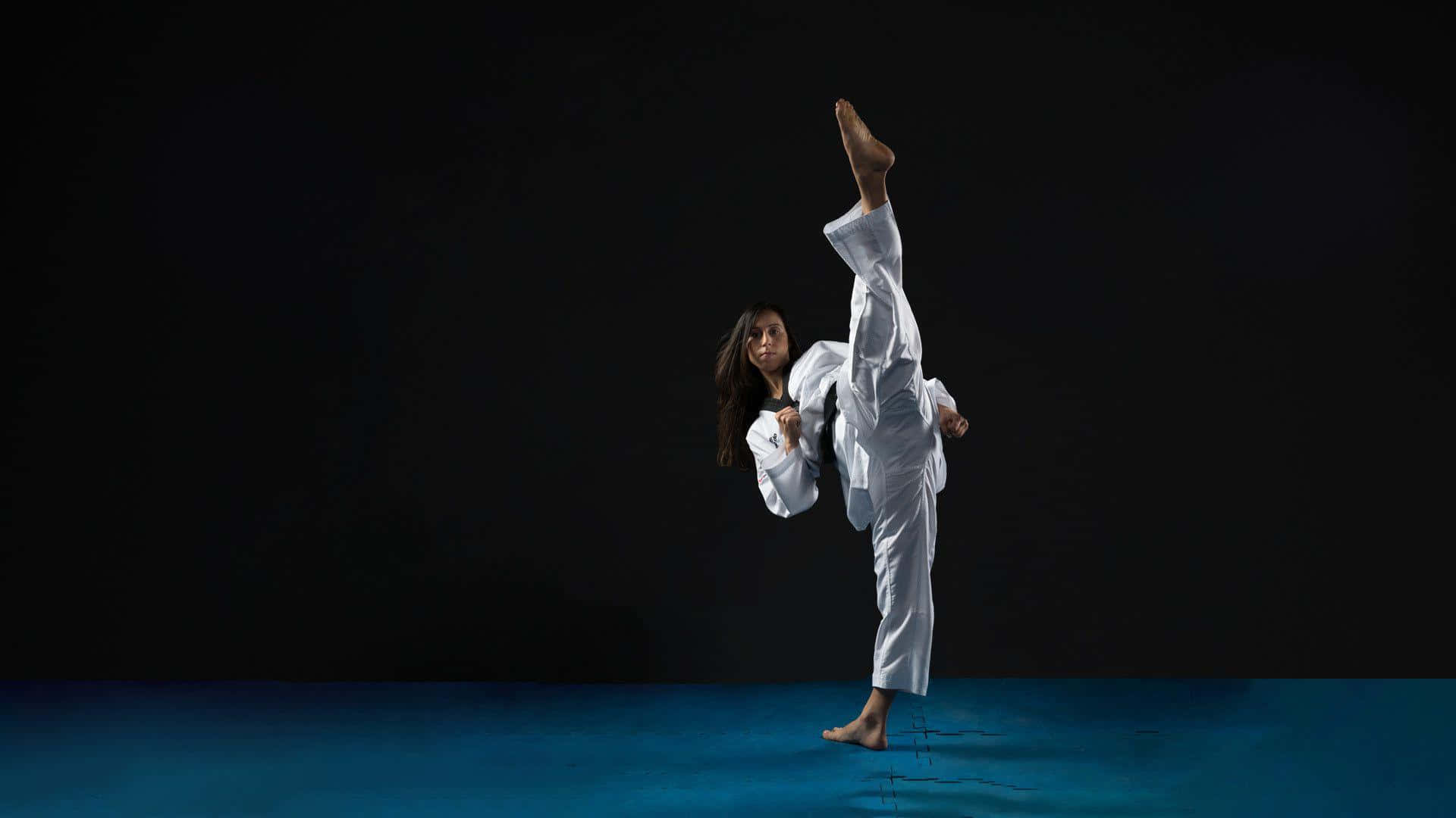 martial artist, white uniform, glowing blue floor, Full HD Desktop Wallpaper