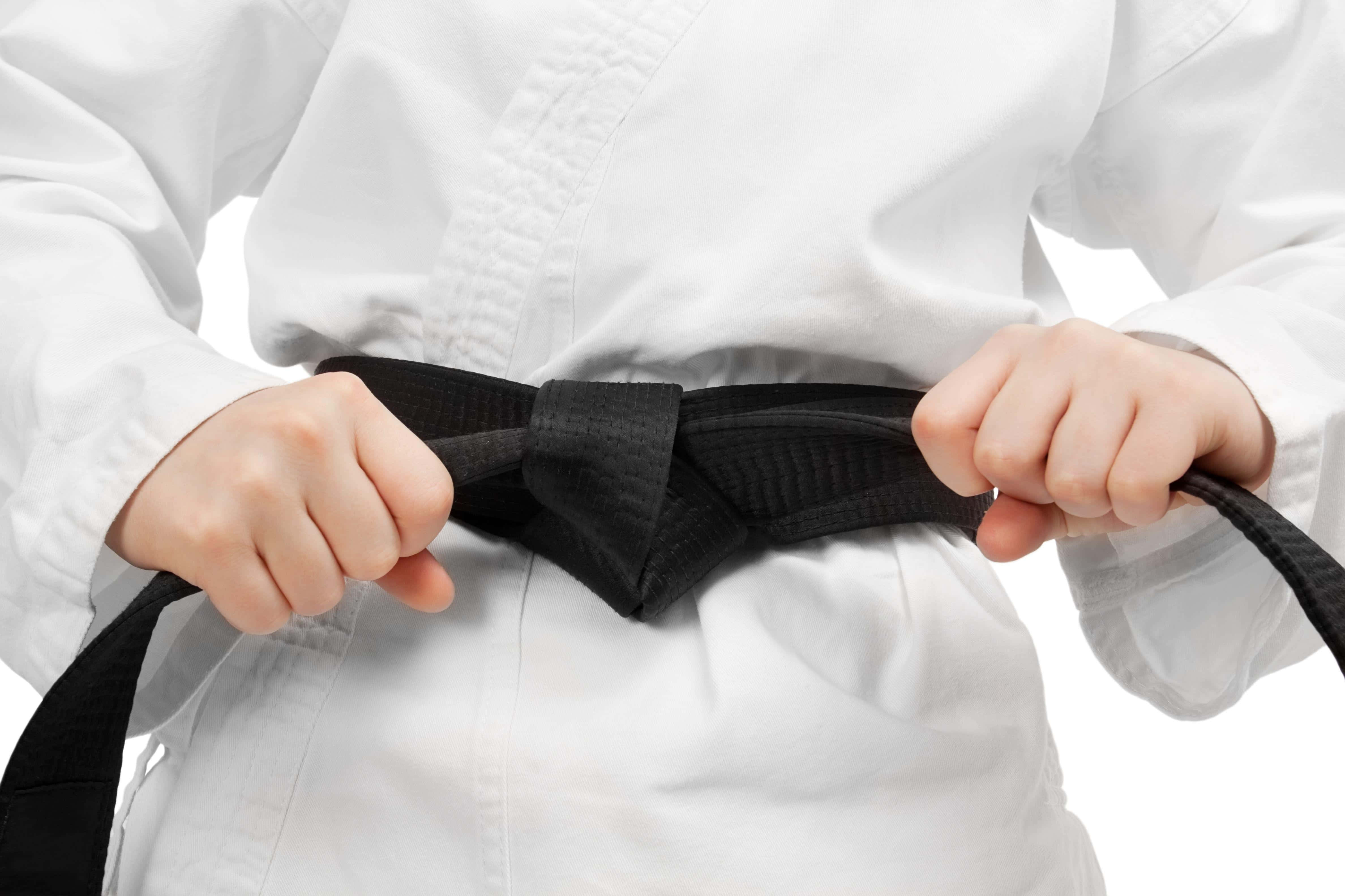 black belt, white martial arts uniform, stark white background, 4K Desktop Wallpaper