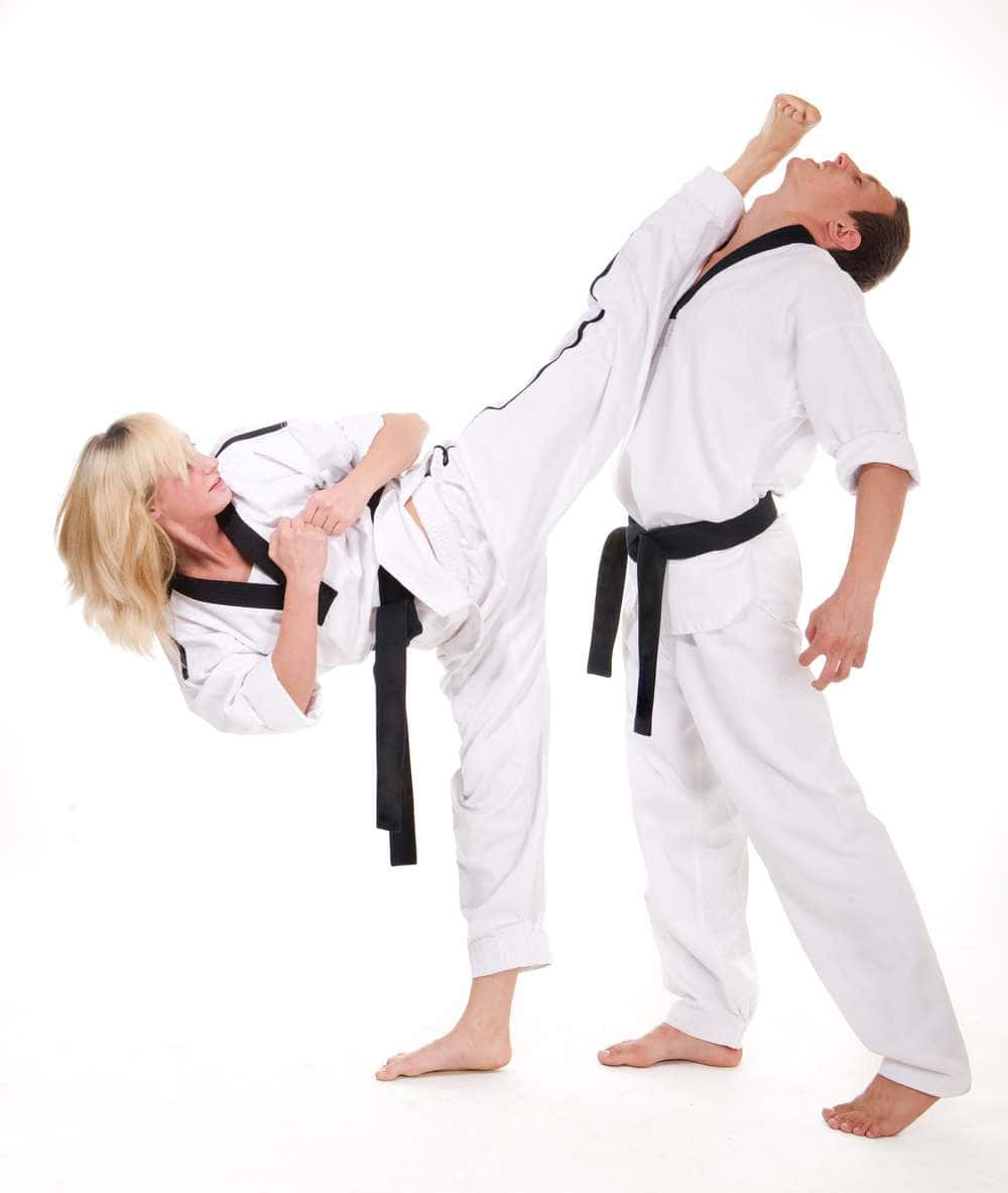 white karate gi, blonde woman, high kick, SD Phone Wallpaper