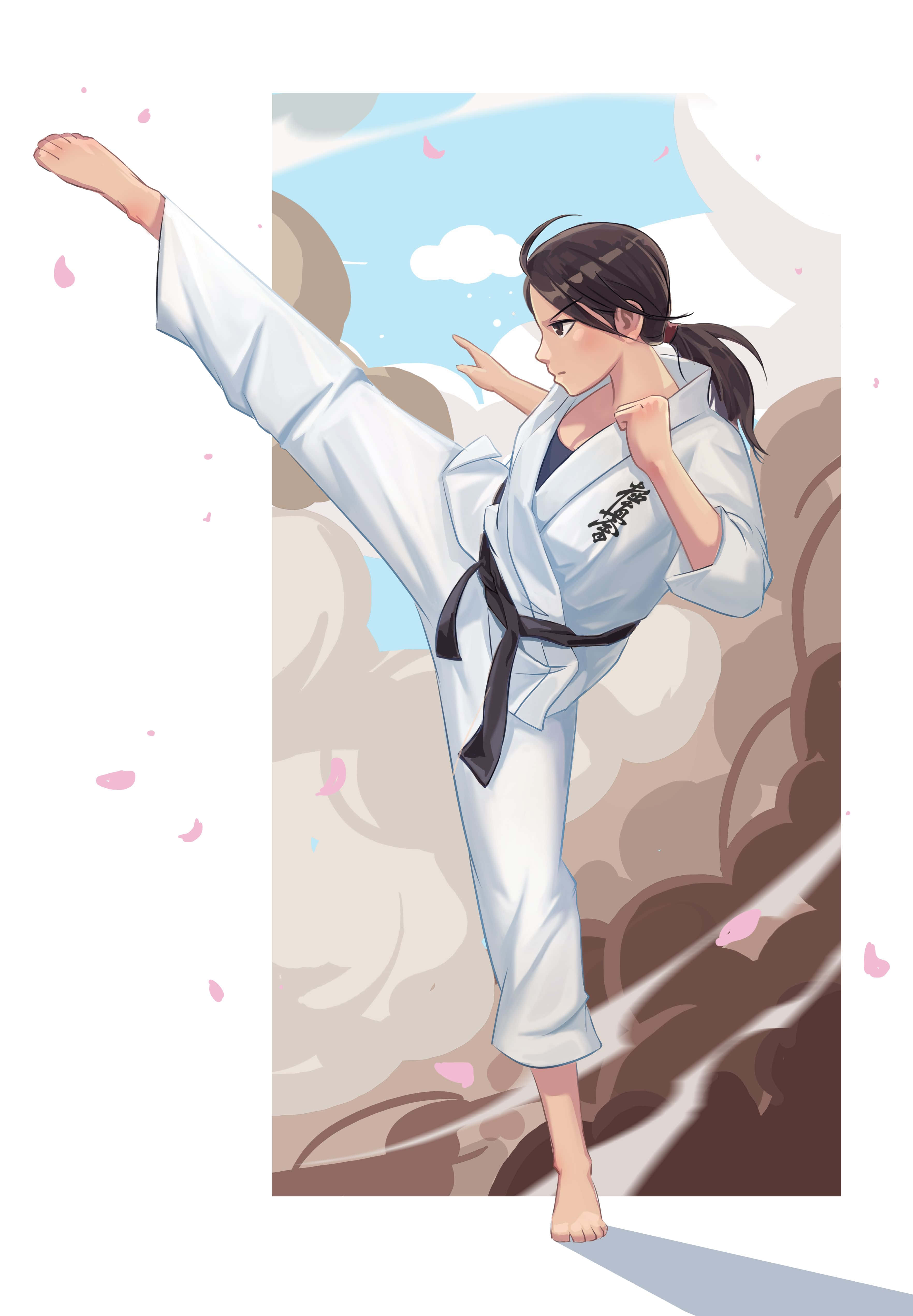 white karate gi, black belt, soft clouds, 4K Phone Wallpaper