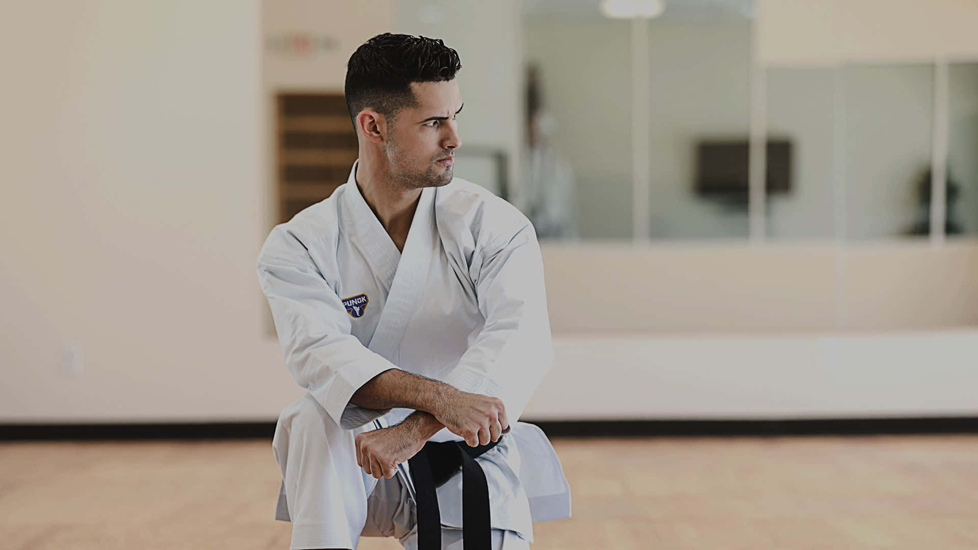 white gi, black belt, wooden floor, Full HD Desktop Wallpaper
