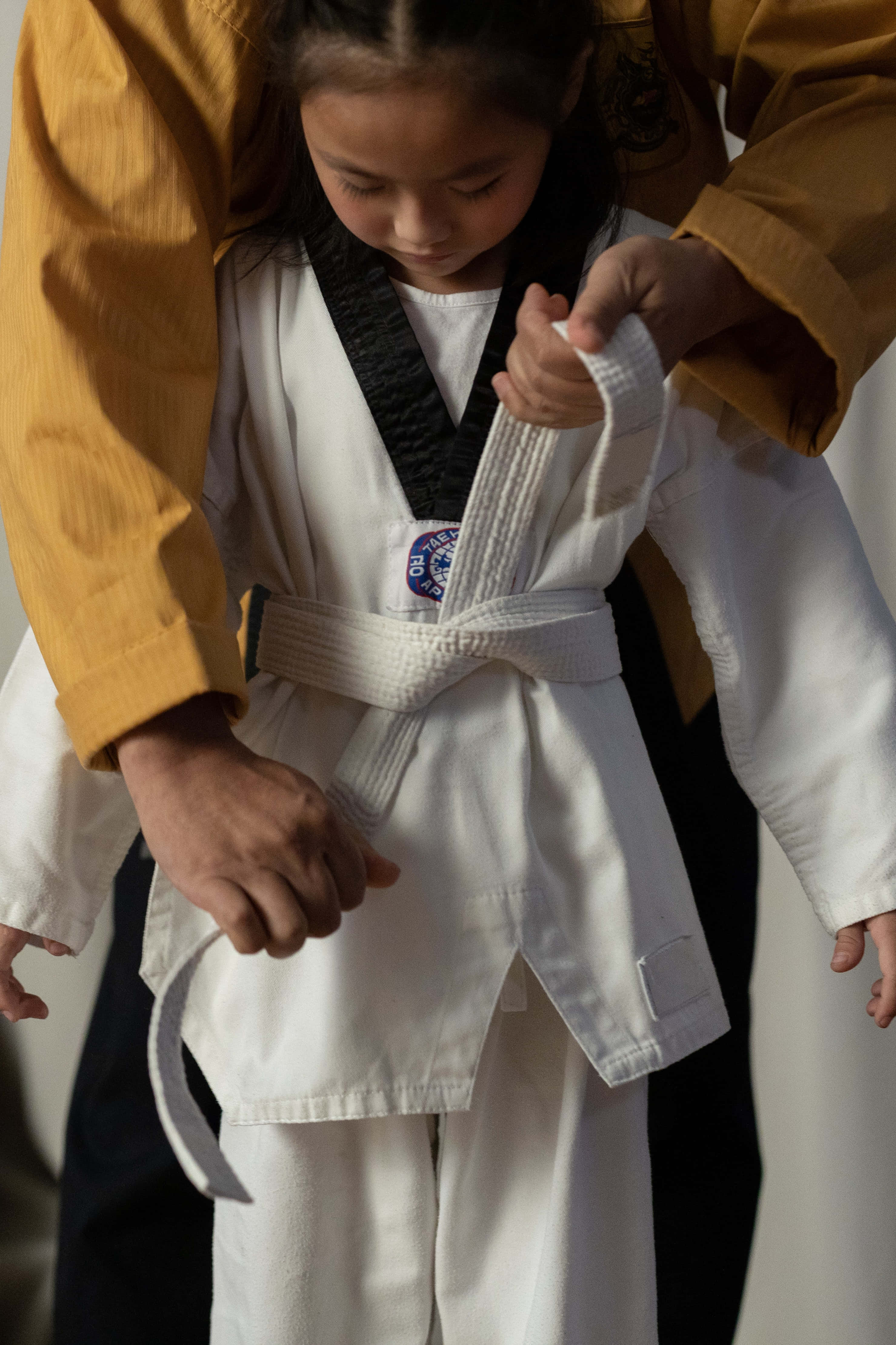 Taekwondo uniform, white martial arts uniform, white belt, 4K Phone Wallpaper