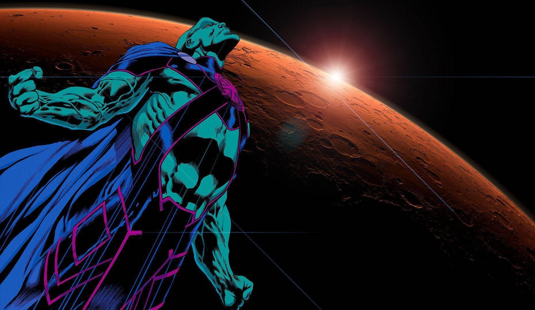 Martian Manhunter, blue and purple armor, glowing red planet, HD Desktop Wallpaper