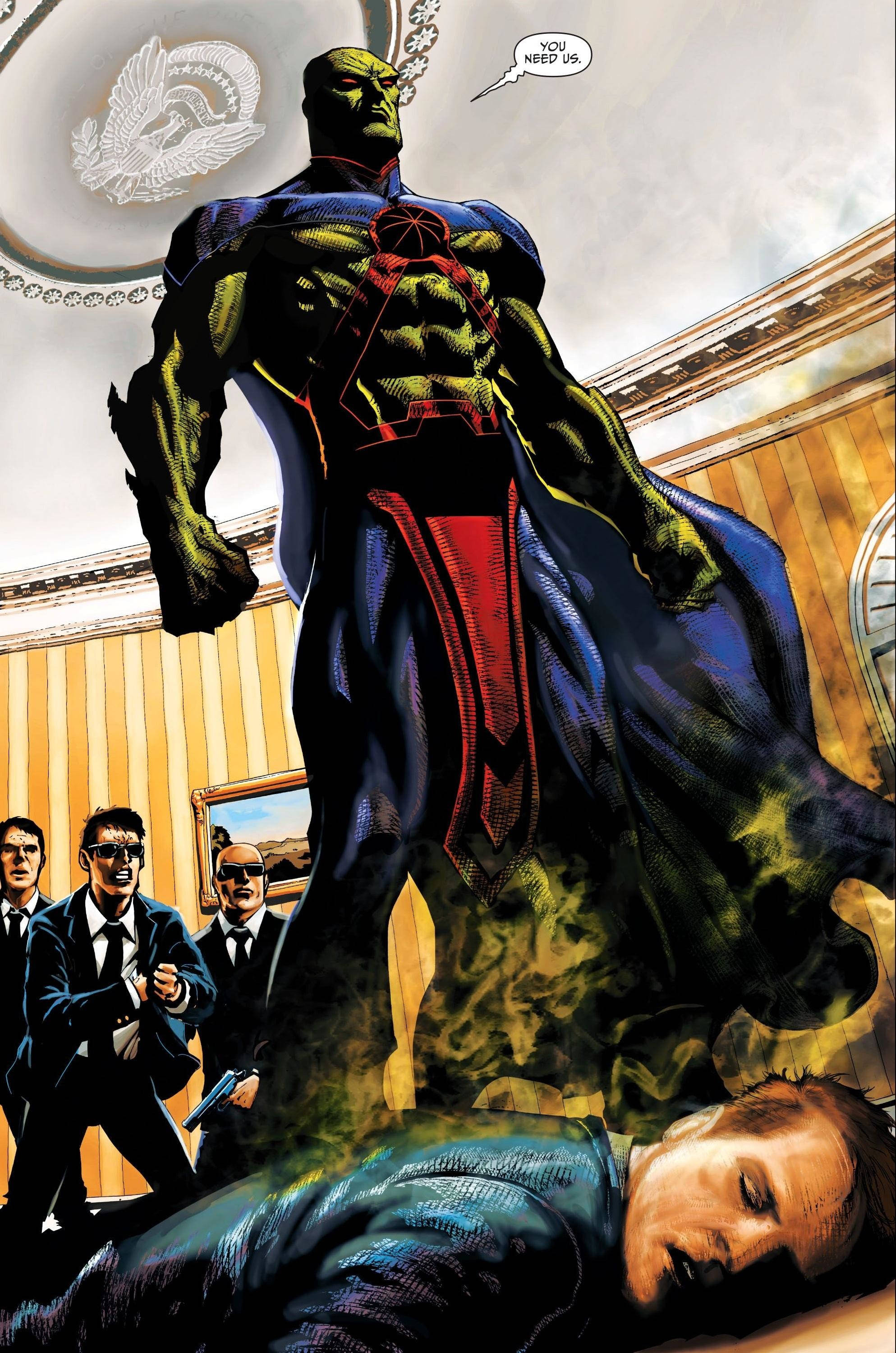 Martian Manhunter, green-skinned superhero, blue and red suit, 2K Phone Wallpaper