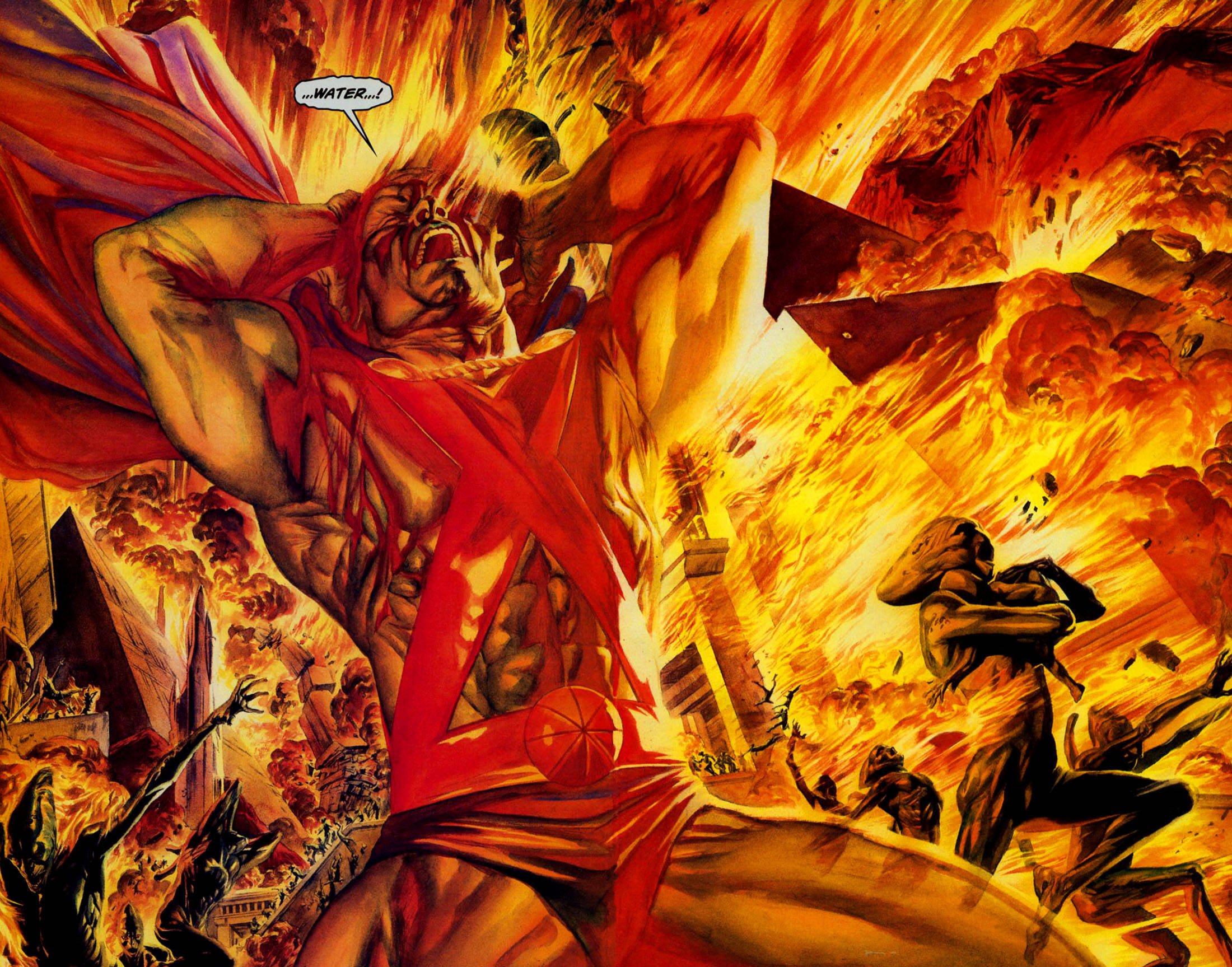 Martian Manhunter, red cape, fiery explosions, Full HD Desktop Wallpaper
