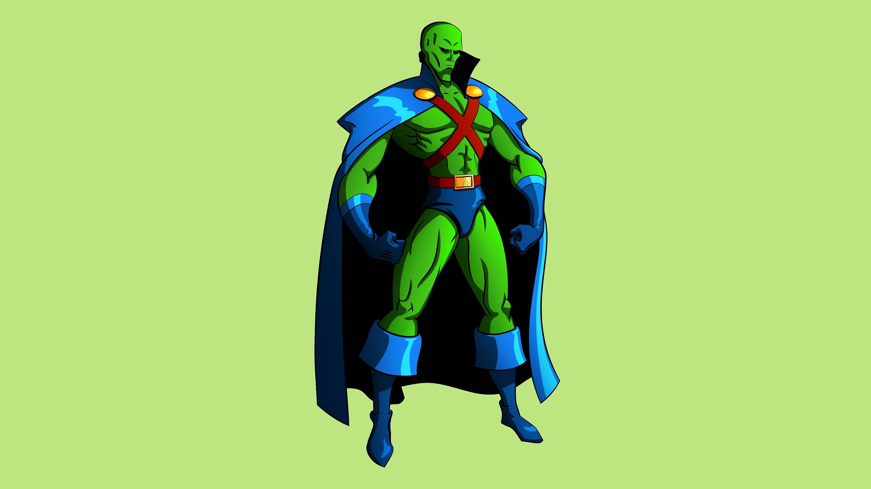 Martian Manhunter, green-skinned, blue cape, 2K Desktop Wallpaper