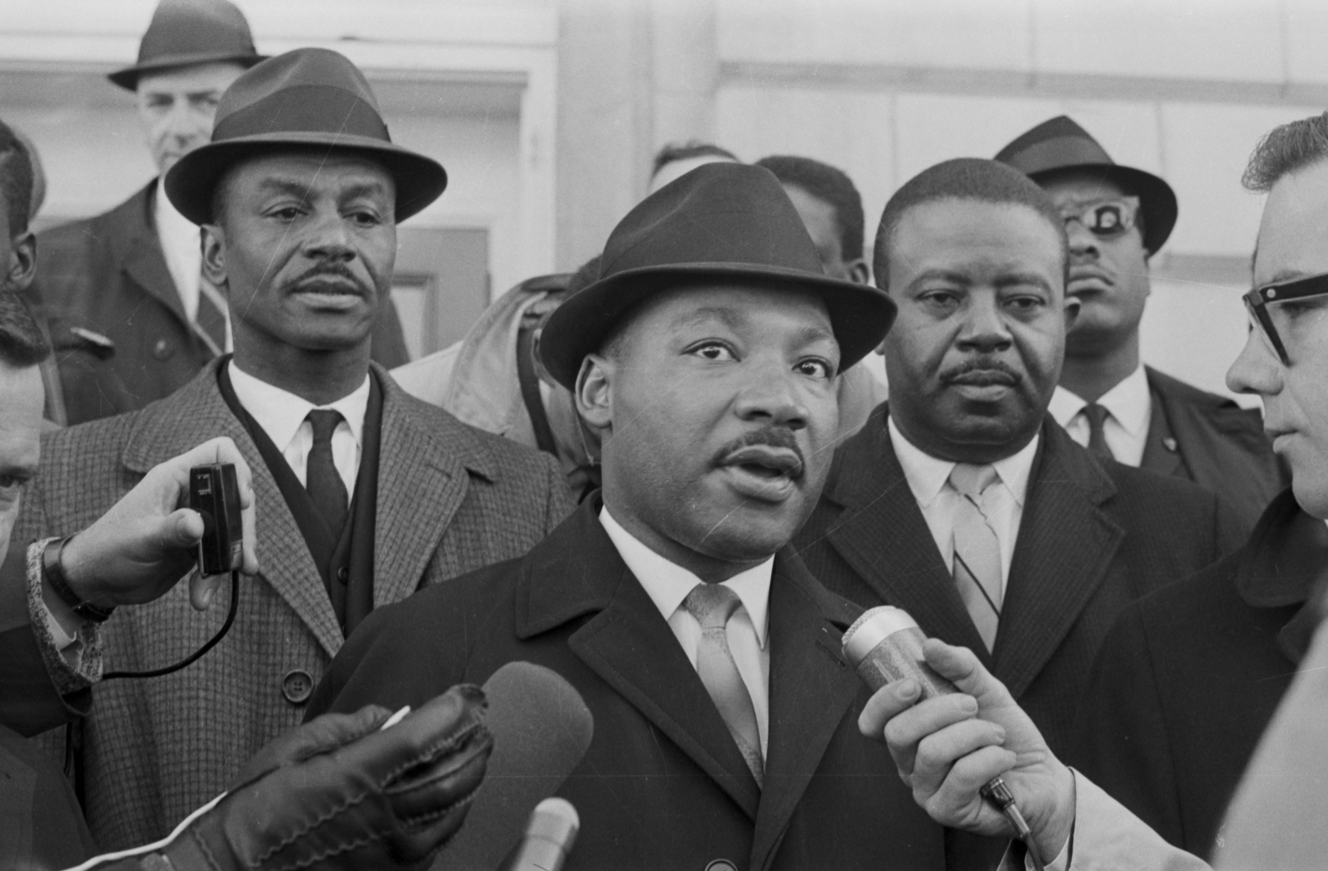 Martin Luther King Jr, microphones, men in suits and fedoras, 5K Desktop Wallpaper