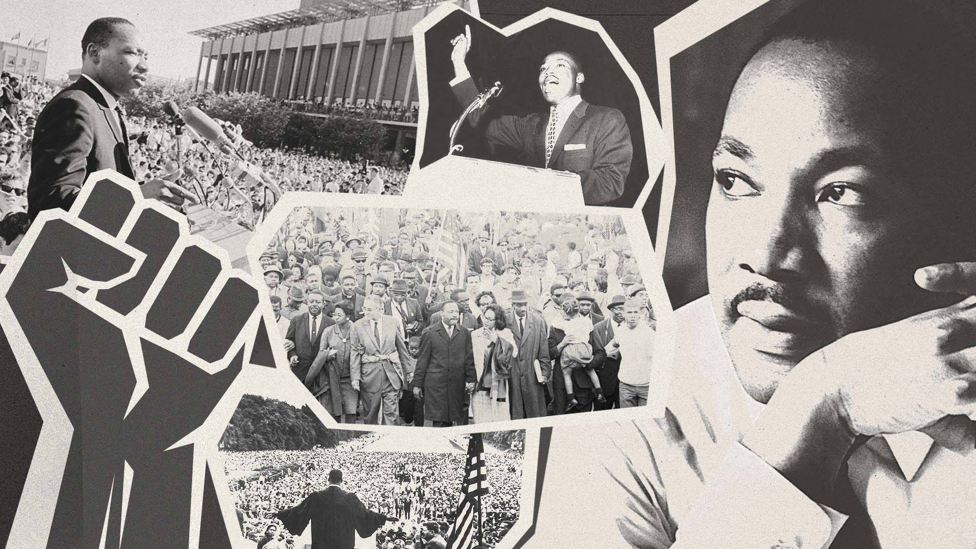 Martin Luther King Jr, black and white collage, speaking to crowds, Full HD Desktop Wallpaper