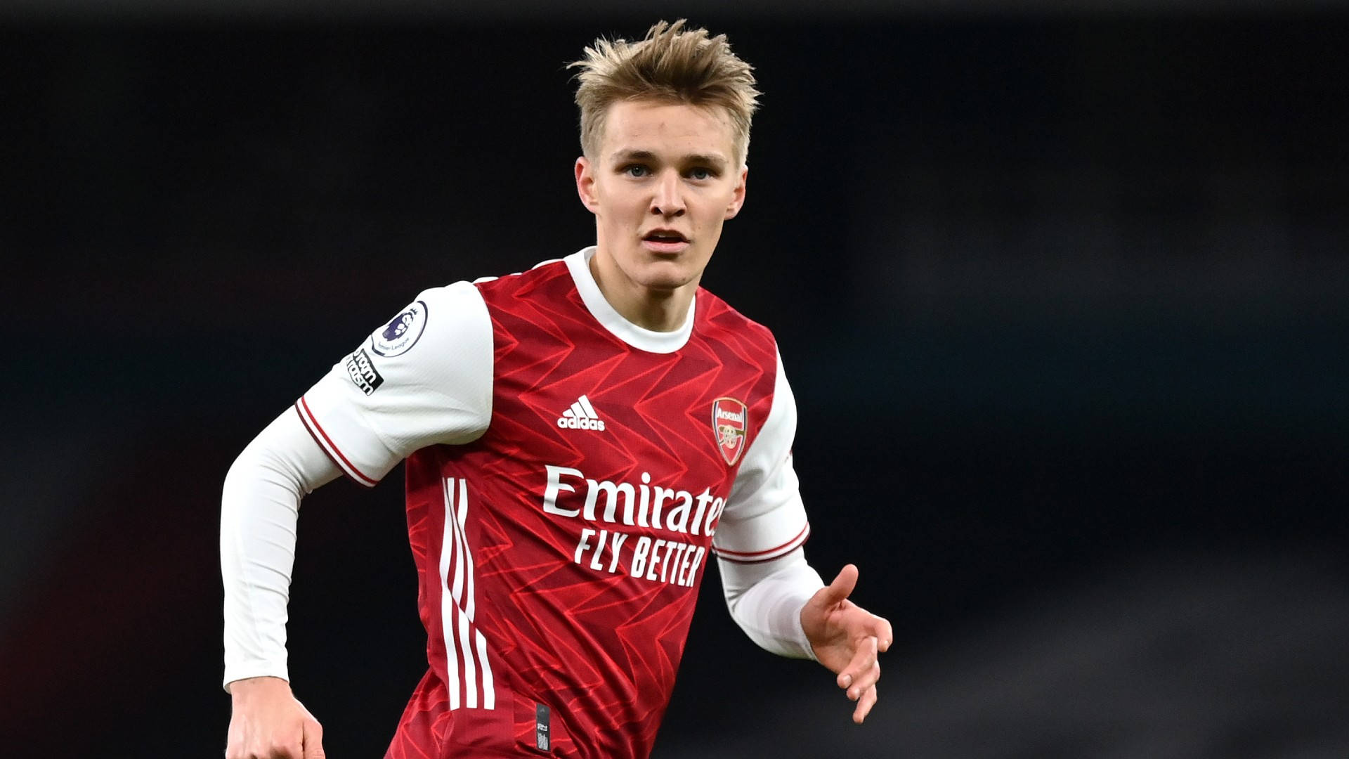 Martin Ødegaard, red Arsenal jersey, stadium background, Full HD Desktop Wallpaper