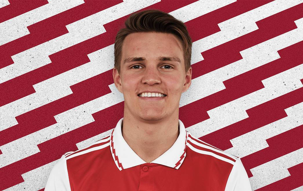Martin Ødegaard, red and white sports jersey, bold red and white geometric striped background, SD Desktop Wallpaper