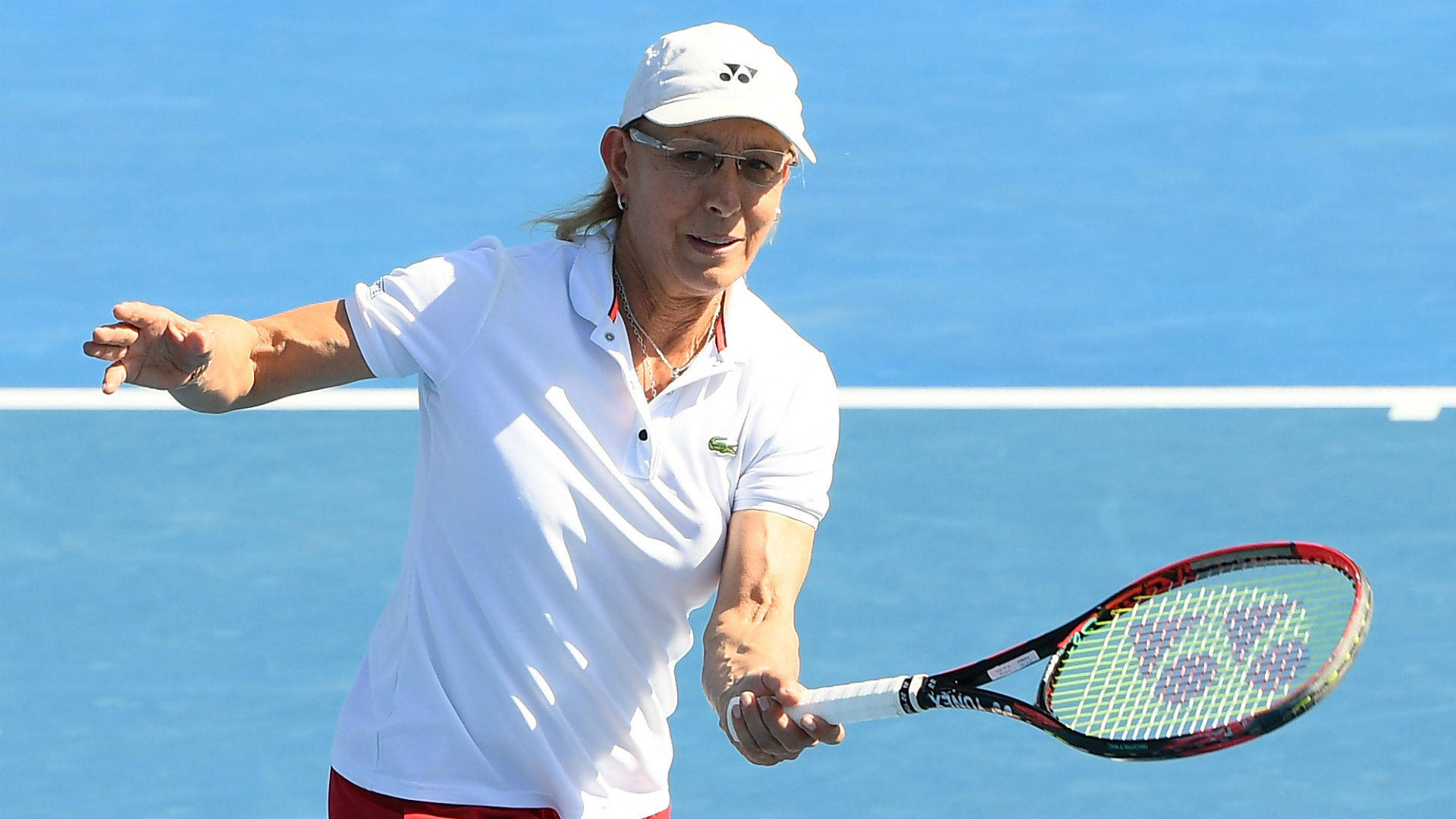 Martina Navratilova, white gear, bright blue court, Full HD Desktop Wallpaper