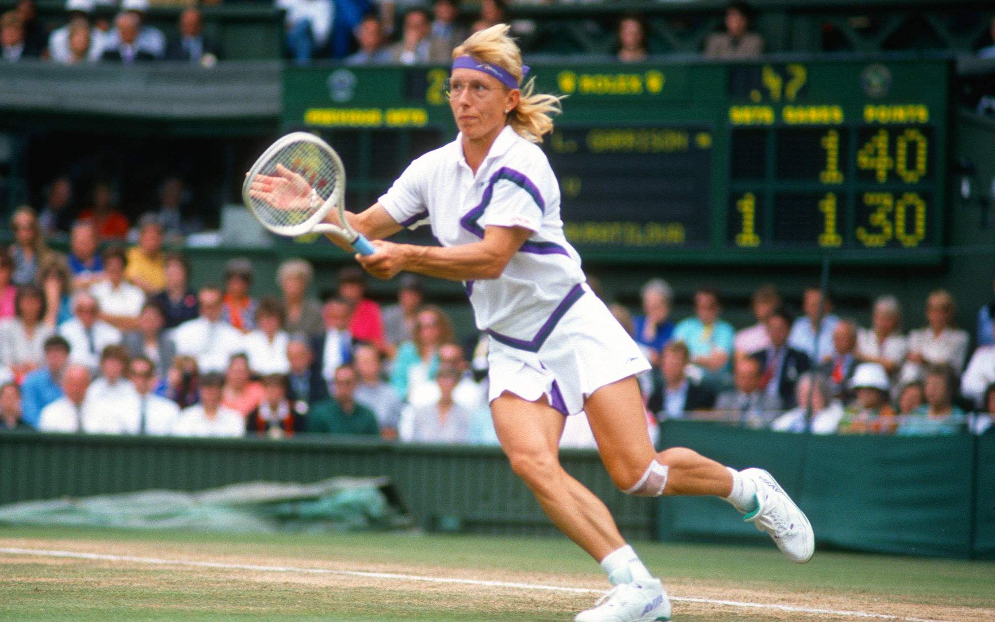 Martina Navratilova, white and purple gear, grass court, Full HD Desktop Wallpaper