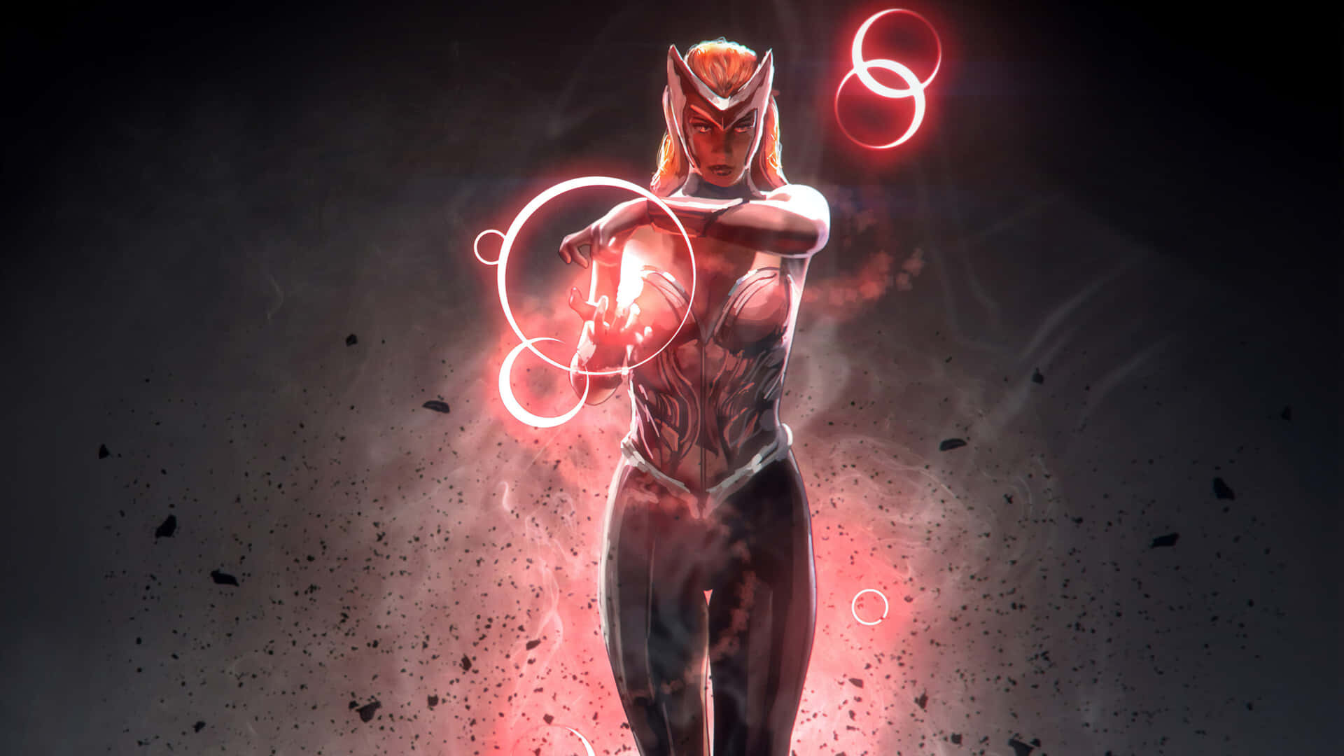 Marvel Aesthetic Laptop, female superhero, glowing red rings, Full HD Desktop Wallpaper