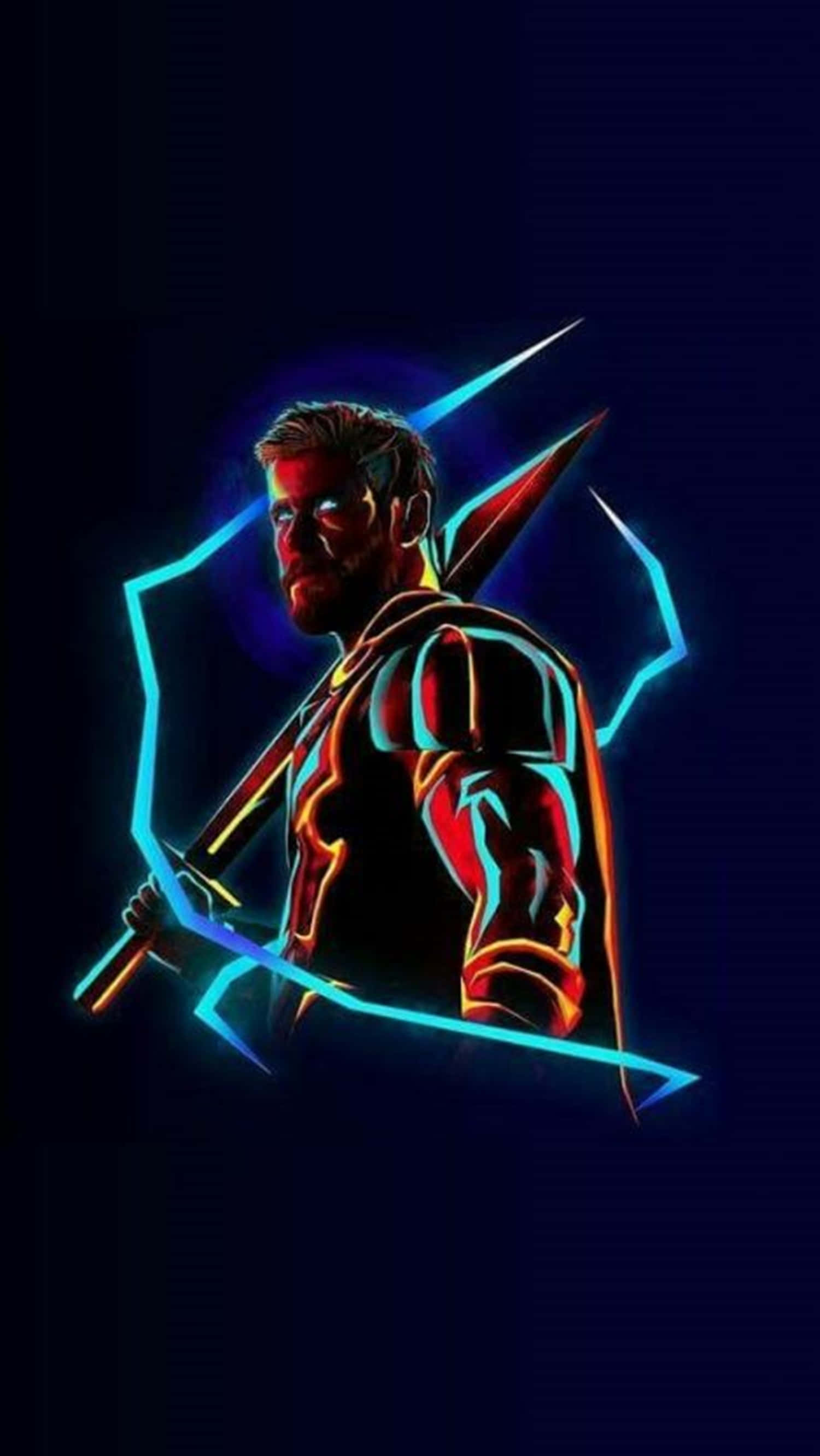Marvel Art iPhone, neon-lit superhero, glowing blue and red outlines, 2K Phone Wallpaper