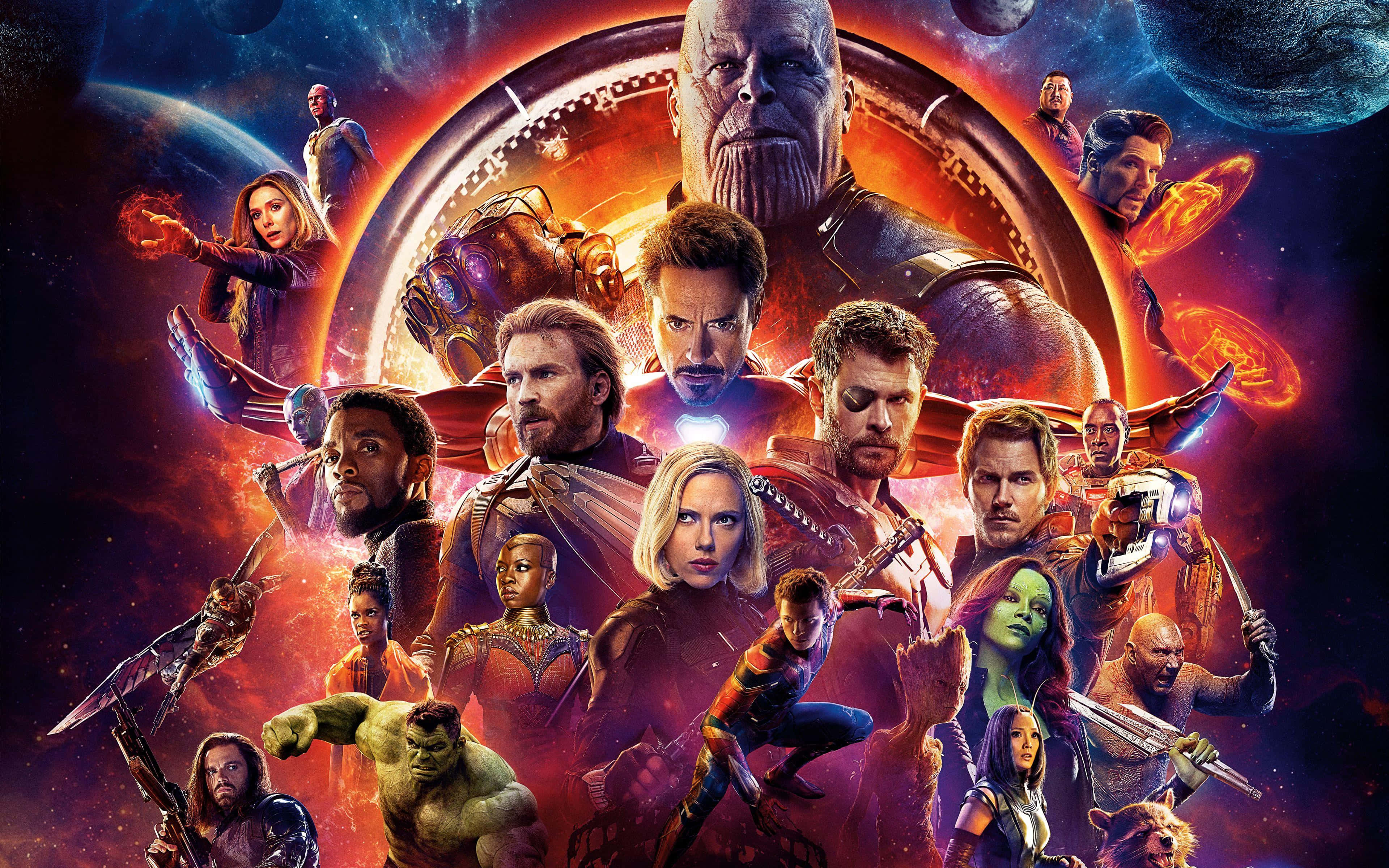 Marvel Avengers, cosmic battle scene, fiery nebula backdrop, 4K Desktop Wallpaper