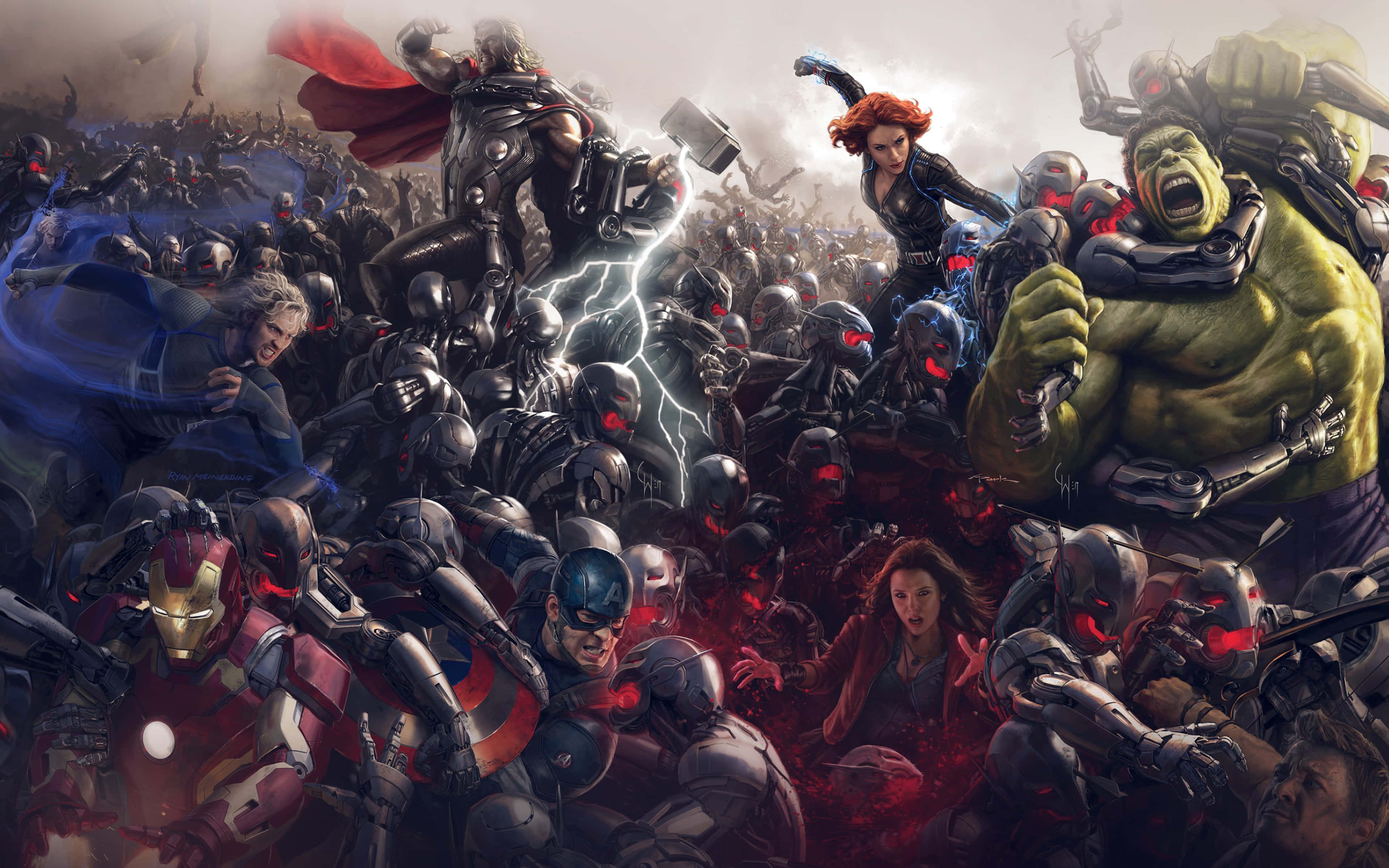 Avengers, robotic enemies, comic book style, 4K Desktop Wallpaper