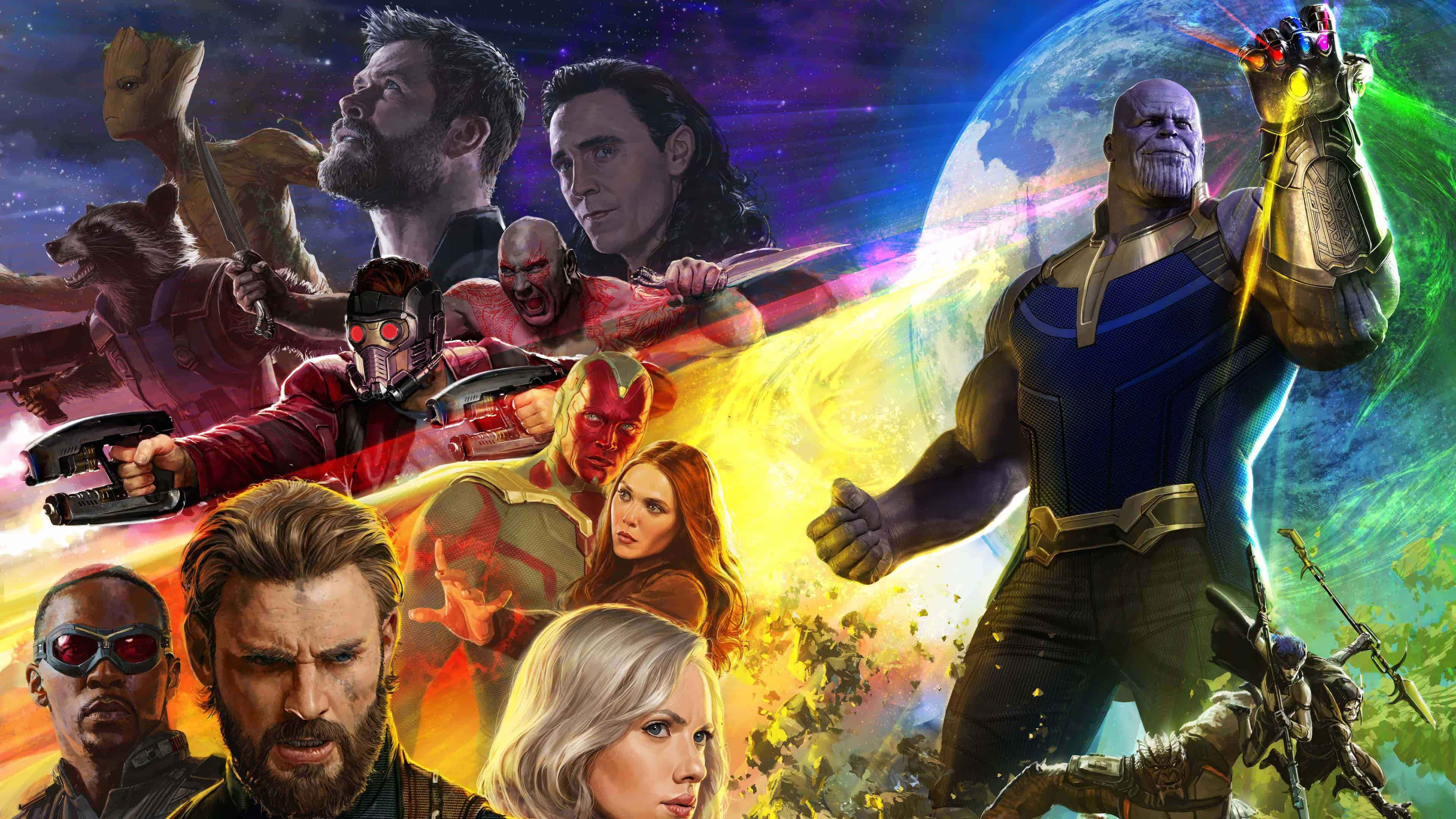 Marvel Avengers, cosmic backdrop, vibrant energy effects, 4K Desktop Wallpaper