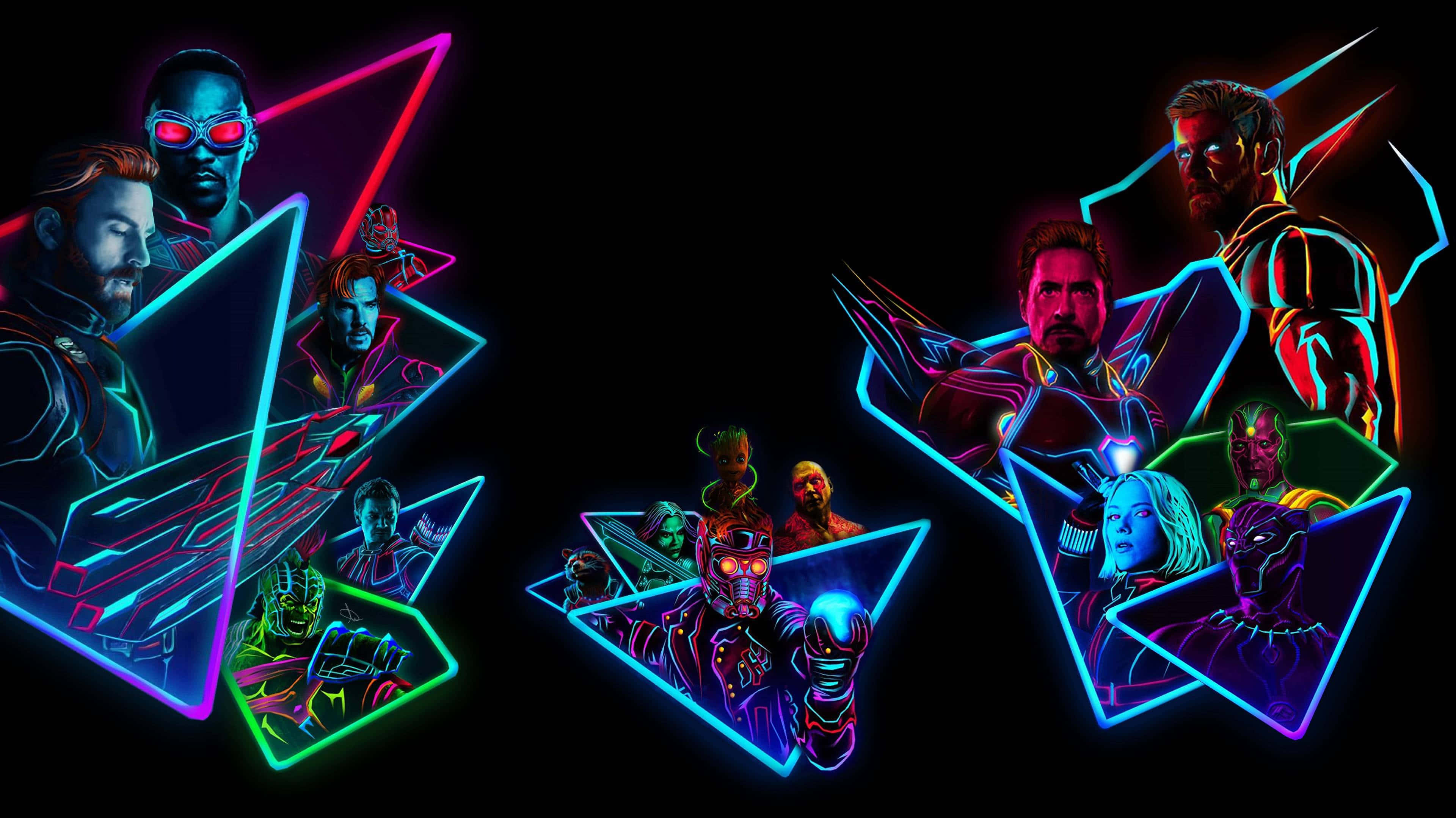 Marvel Avengers, neon-lit, glowing geometric shapes, 4K Desktop Wallpaper