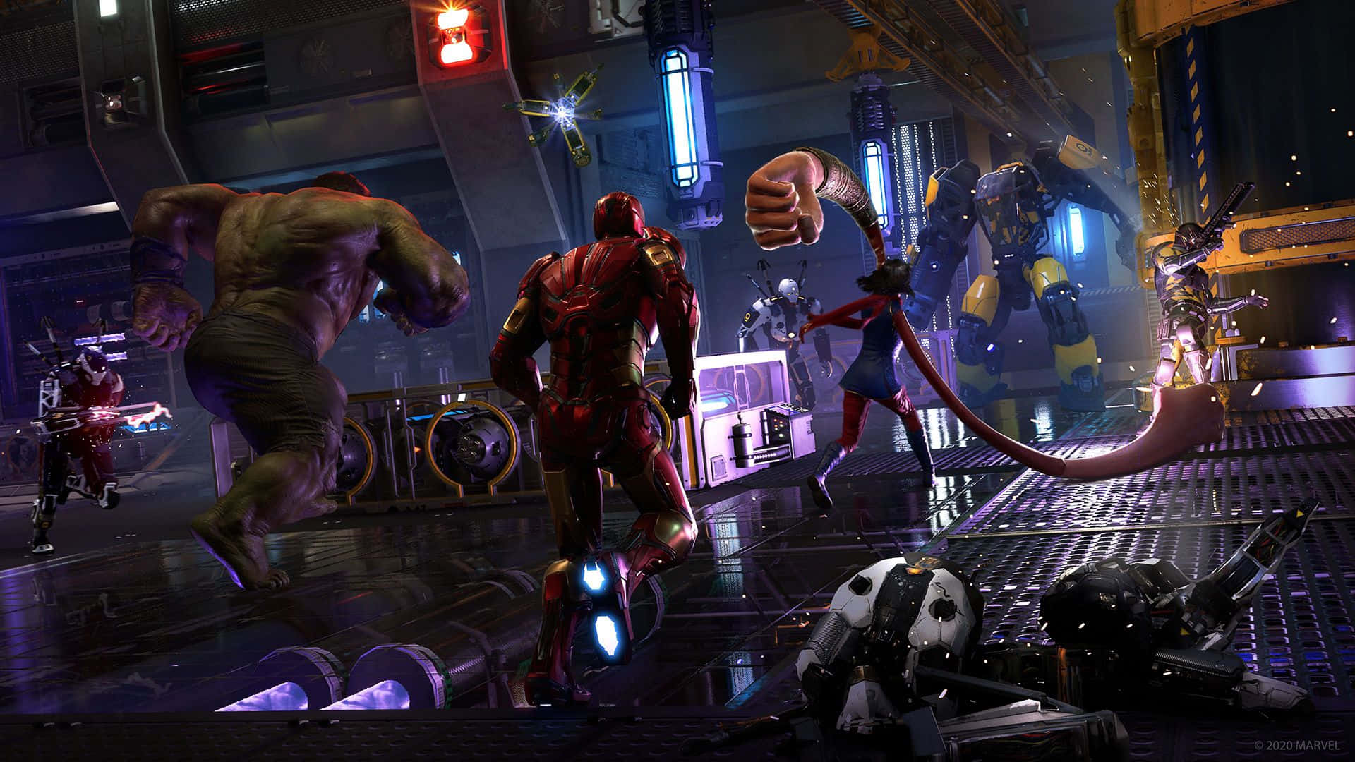 Marvel Avengers Game, Avengers, neon-lit futuristic lab, Full HD Desktop Wallpaper