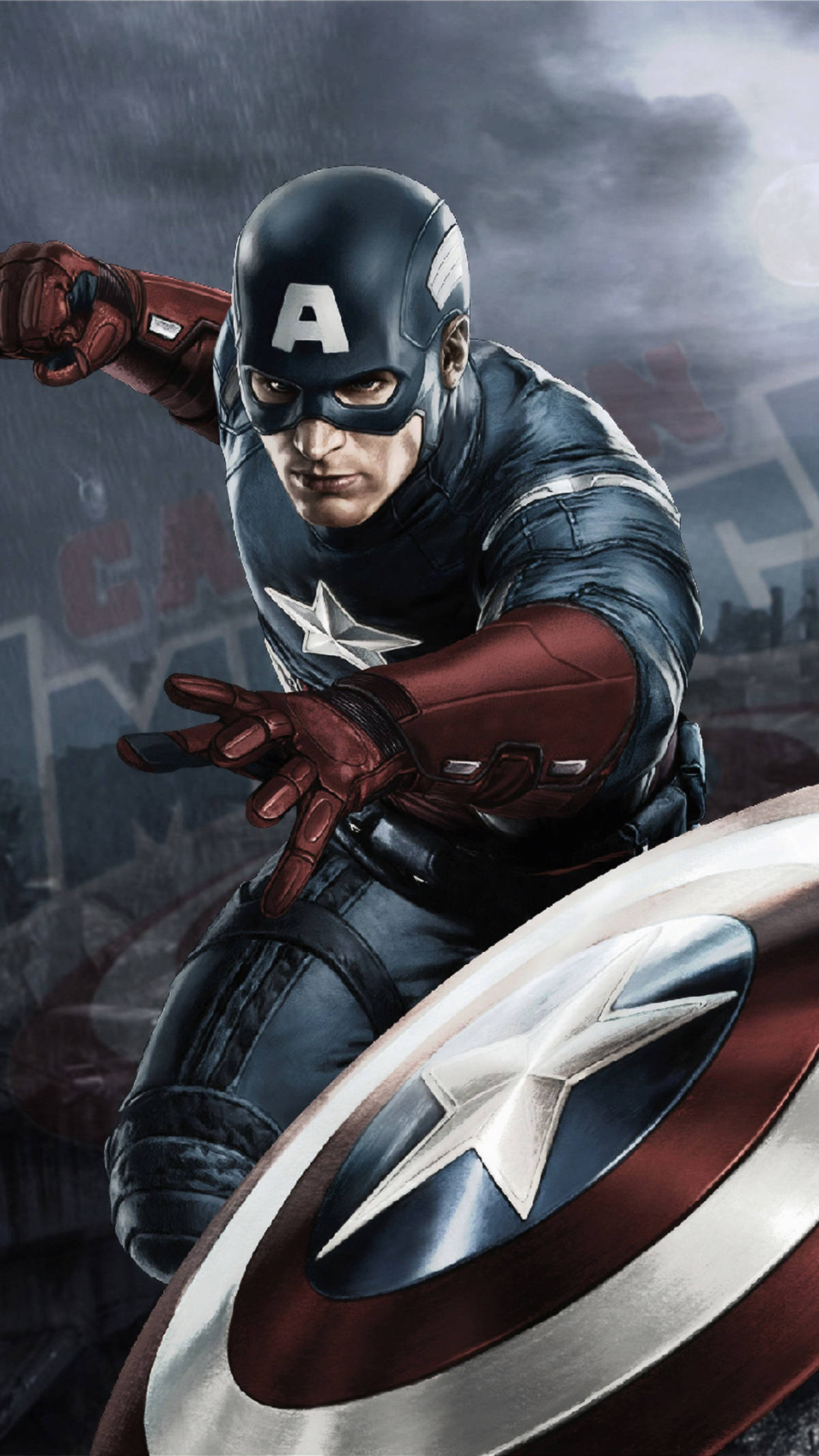 Captain America, iconic shield, stormy urban backdrop, Full HD Phone Wallpaper