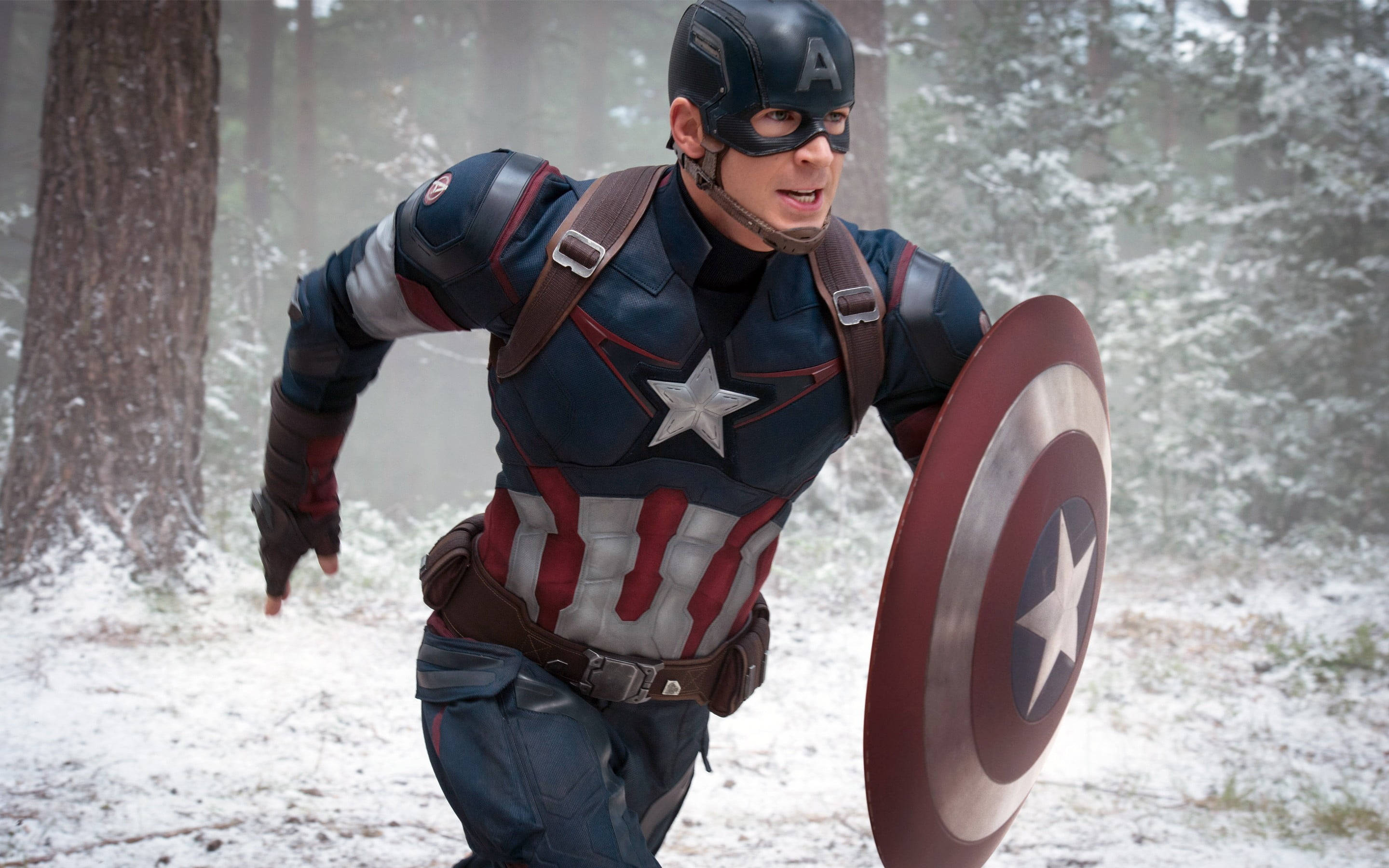 Marvel Captain America, Captain America, snowy forest, 2K Desktop Wallpaper