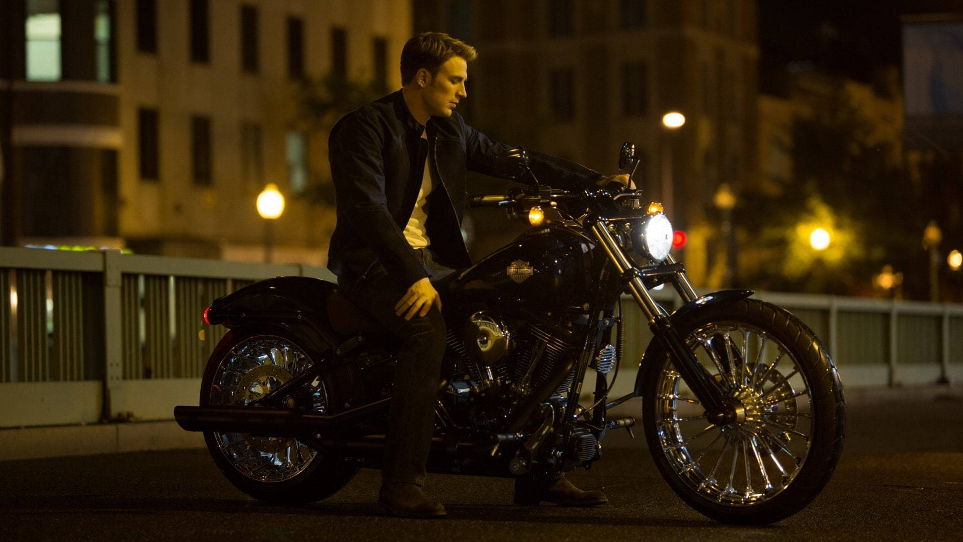 Marvel Captain America, dark jacket, gleaming black motorcycle, Full HD Desktop Wallpaper