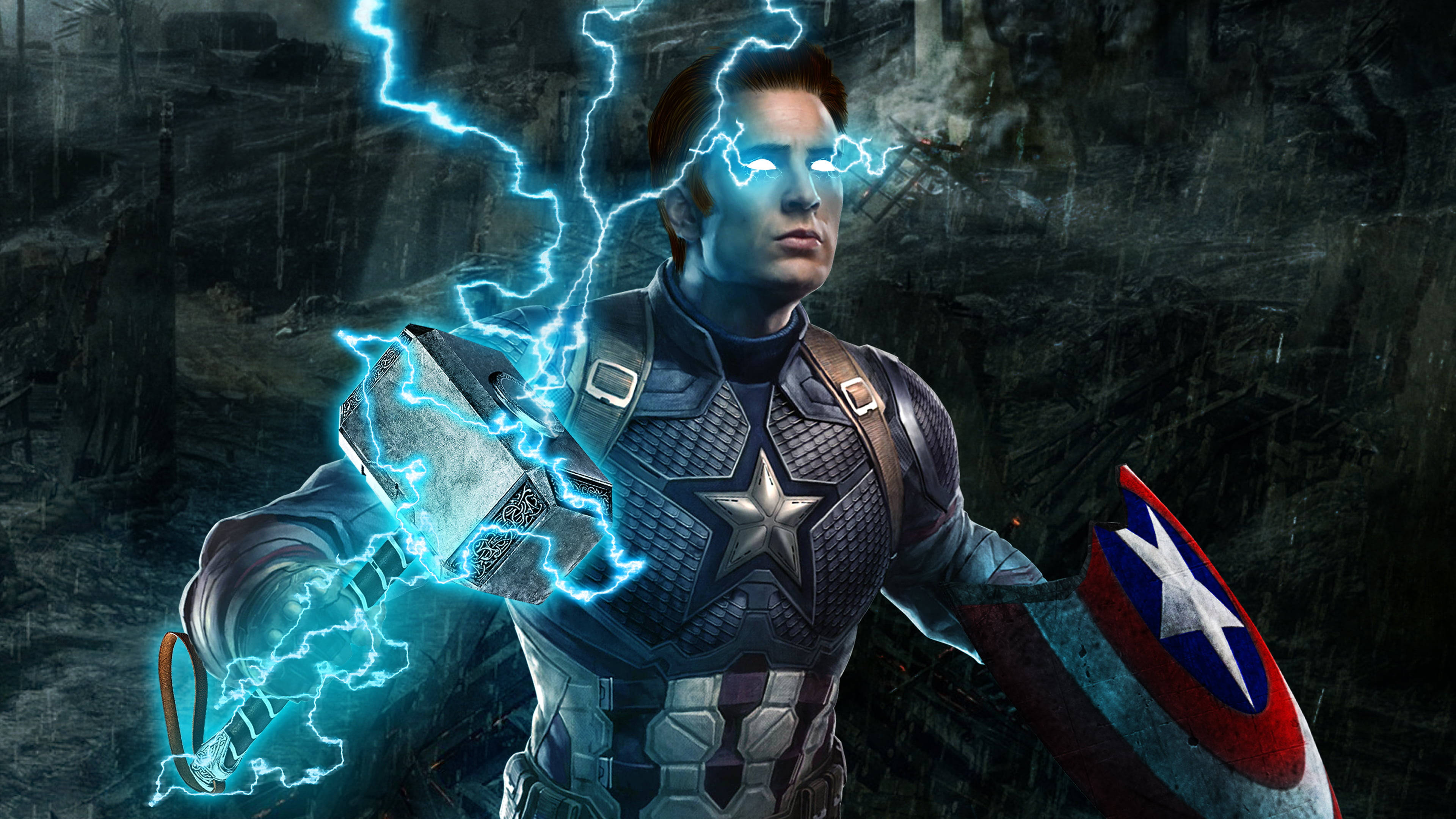Marvel Captain America, glowing lightning-enchanted hammer, shield, 4K Desktop Wallpaper