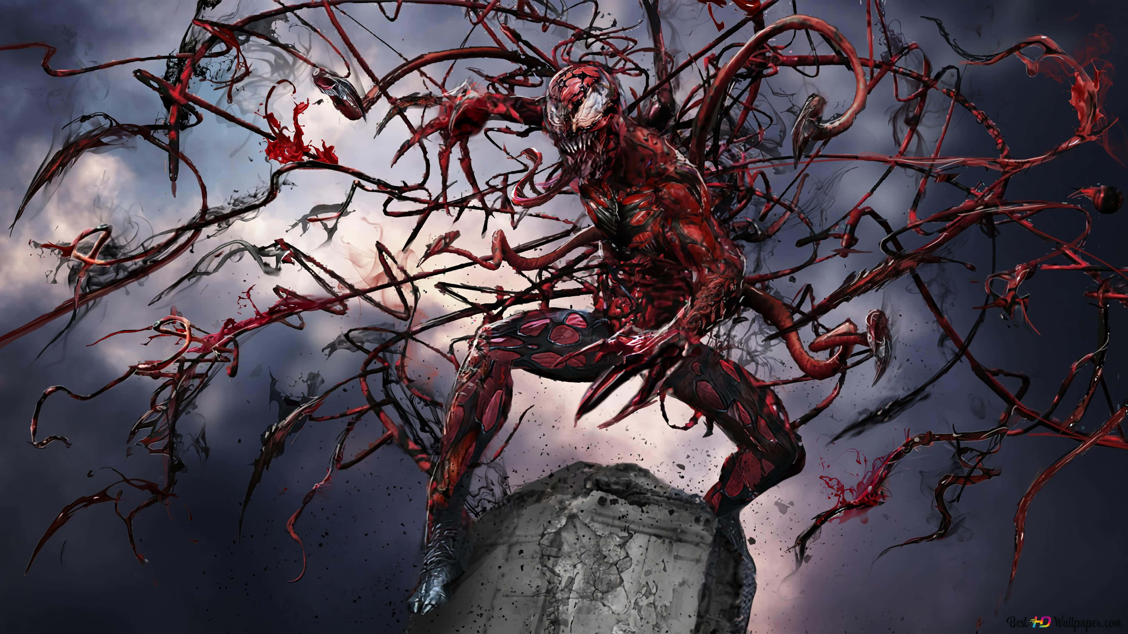 Marvel Carnage, red symbiote creature, writhing tendrils, 4K Desktop Wallpaper
