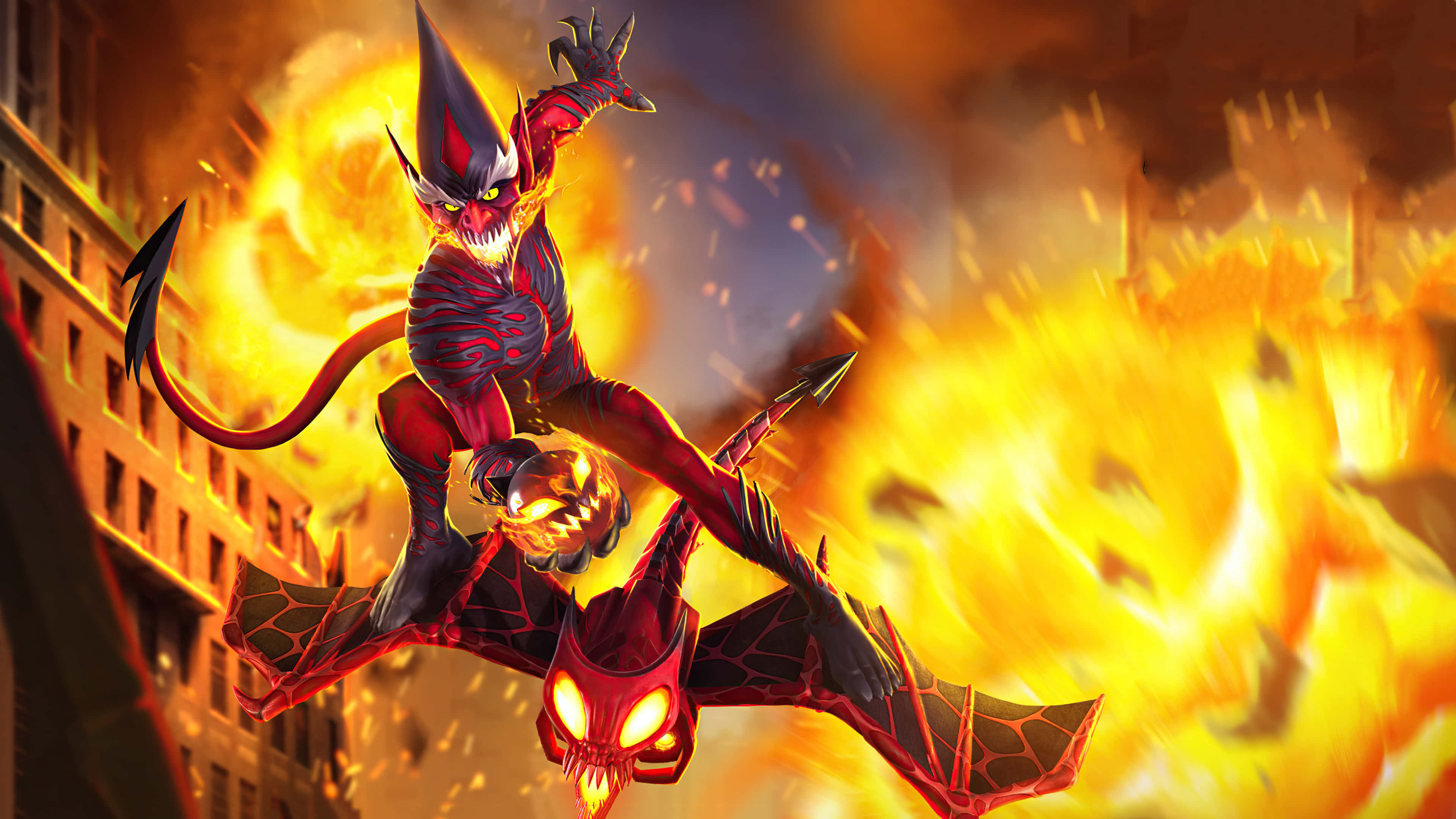 Marvel Carnage, fiery demonic figure, glowing eyes, 4K Desktop Wallpaper