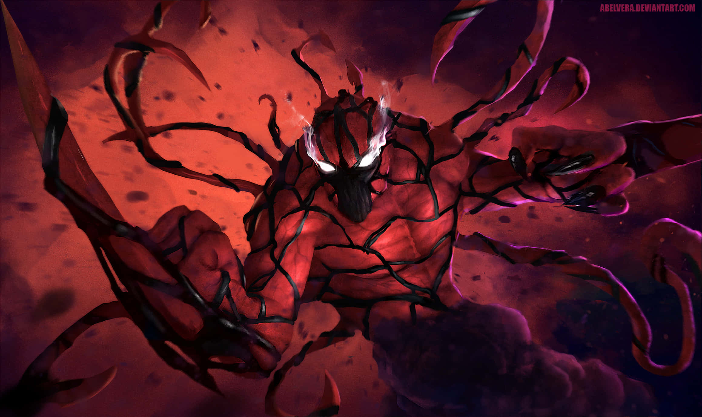 Marvel Carnage, red symbiote creature, glowing white eyes, Full HD Desktop Wallpaper